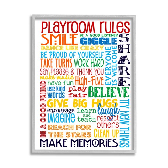 Stupell Industries Rainbow Playroom Rules Smile Textured Graphic Art Gray Framed Art Print Wall Art, 11x14, by Erica Billups