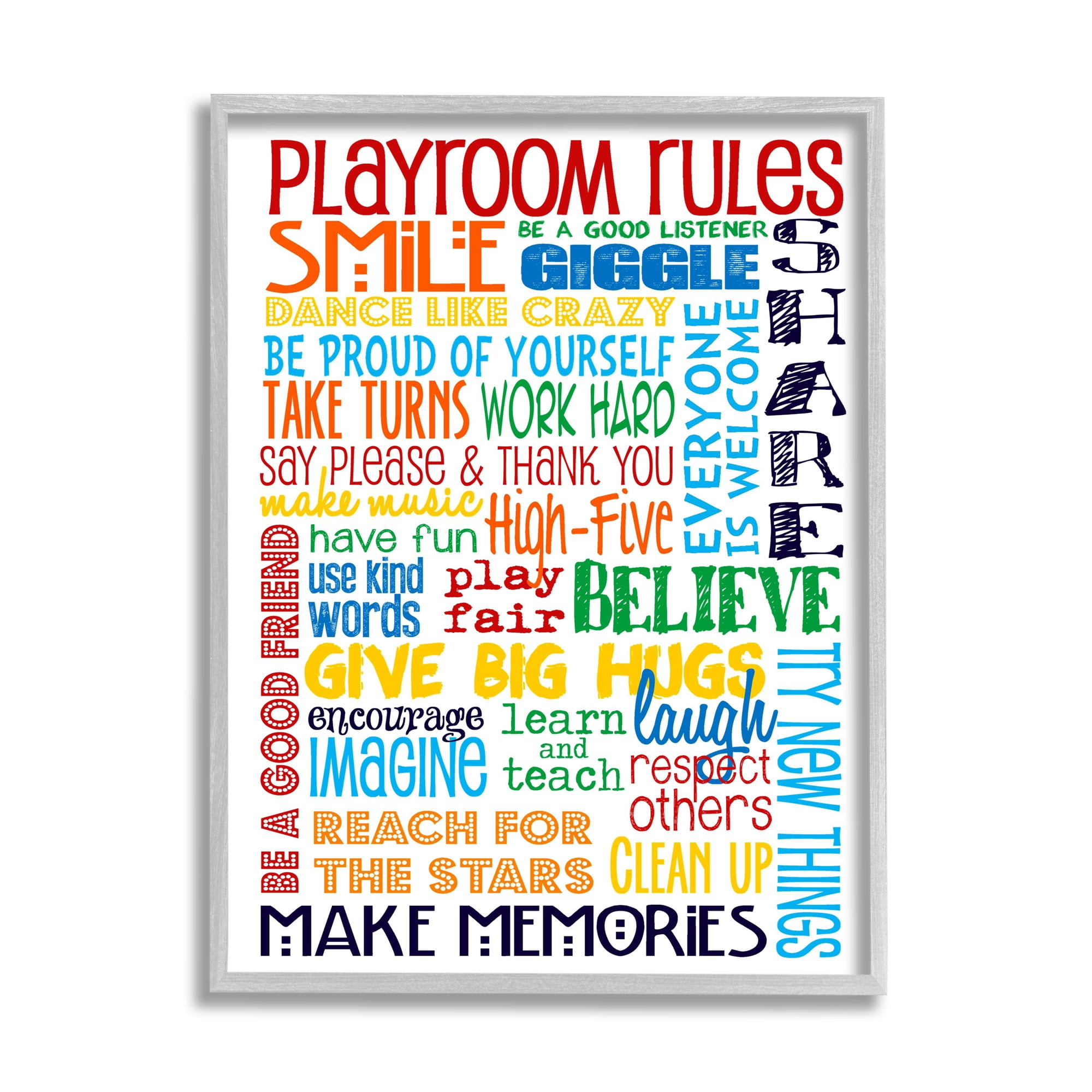Stupell Industries Rainbow Playroom Rules Smile Textured Graphic Art Gray Framed Art Print Wall Art, 24x30, by Erica Billups