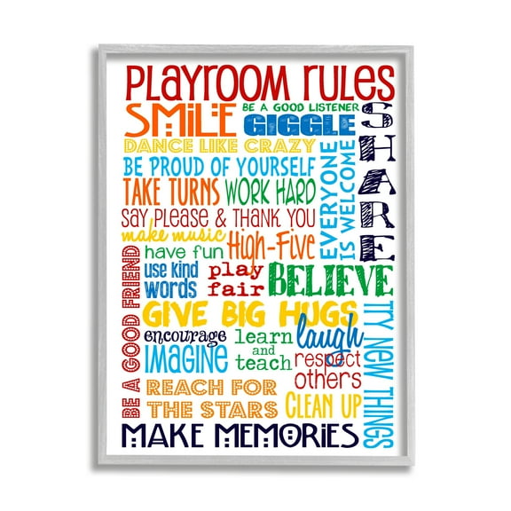 Stupell Industries Rainbow Playroom Rules Smile Textured Graphic Art Gray Framed Art Print Wall Art, 24x30, by Erica Billups