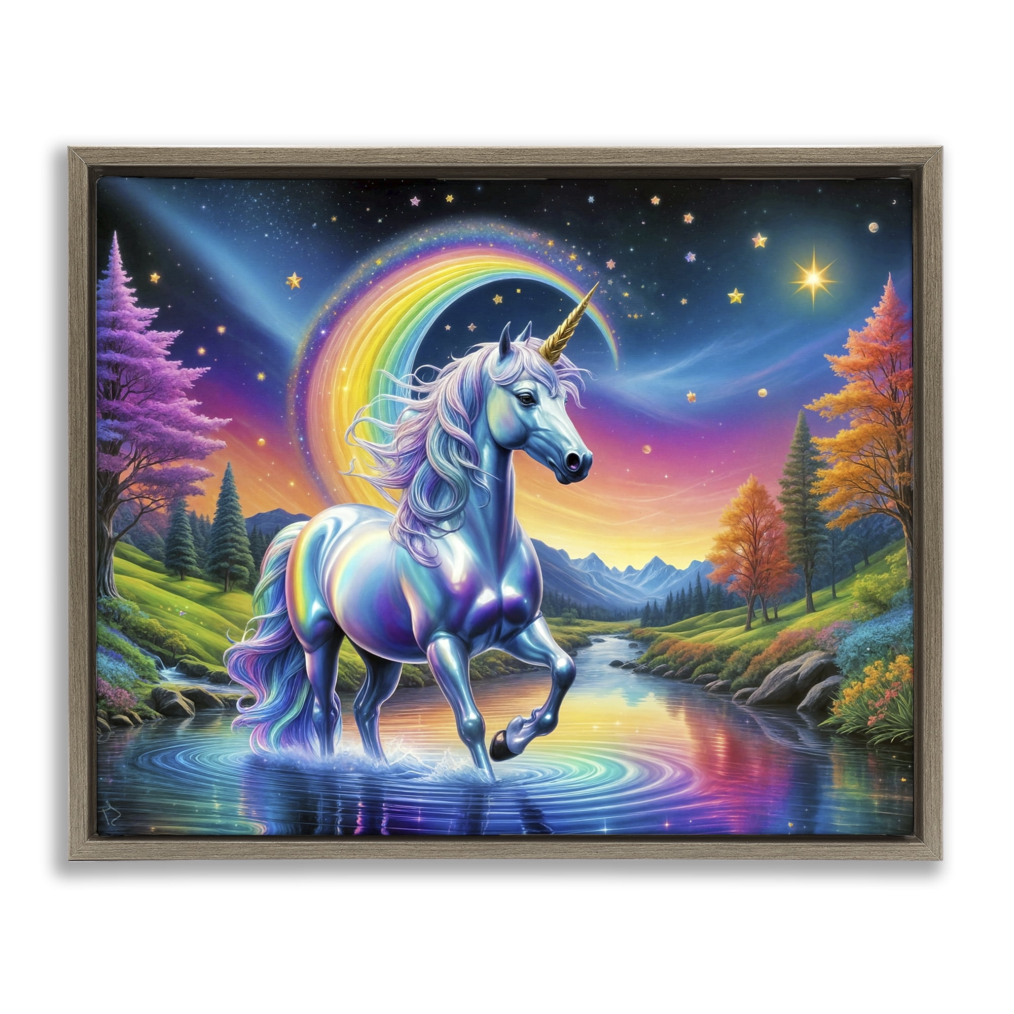 Stupell Industries Rainbow Prism Unicorn Brown Framed Floater Canvas Wall Art, design by Tabz Jones