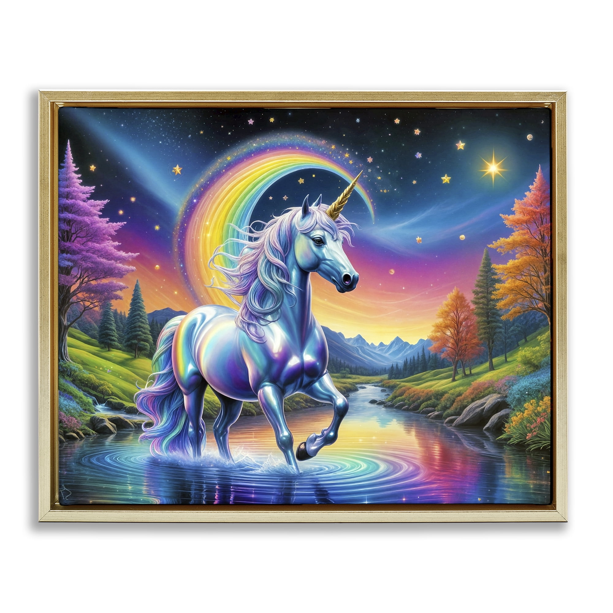 Stupell Industries Rainbow Prism Unicorn Gold Framed Floater Canvas Wall Art, design by Tabz Jones