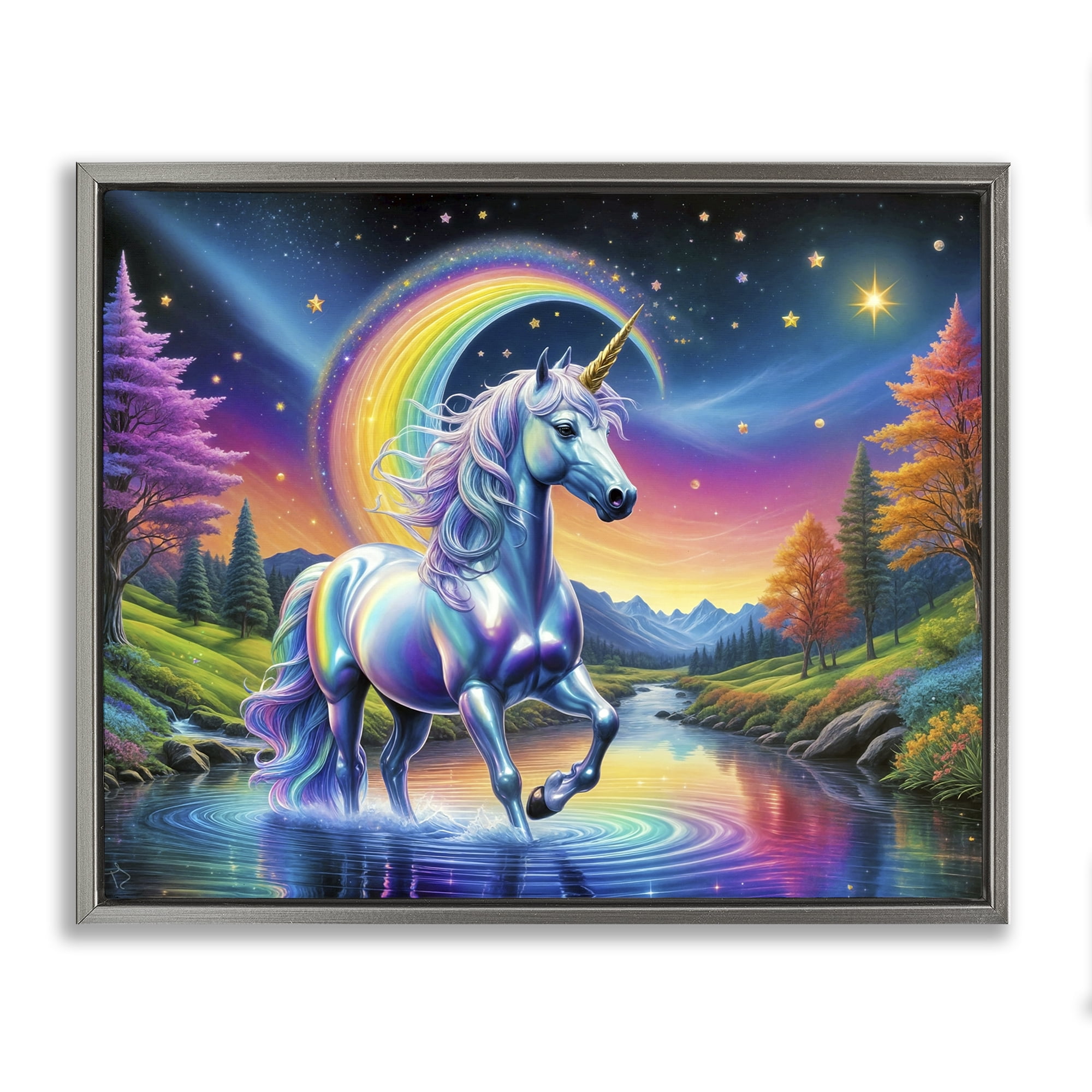 Stupell Industries Rainbow Prism Unicorn Gray Framed Floater Canvas Wall Art, design by Tabz Jones