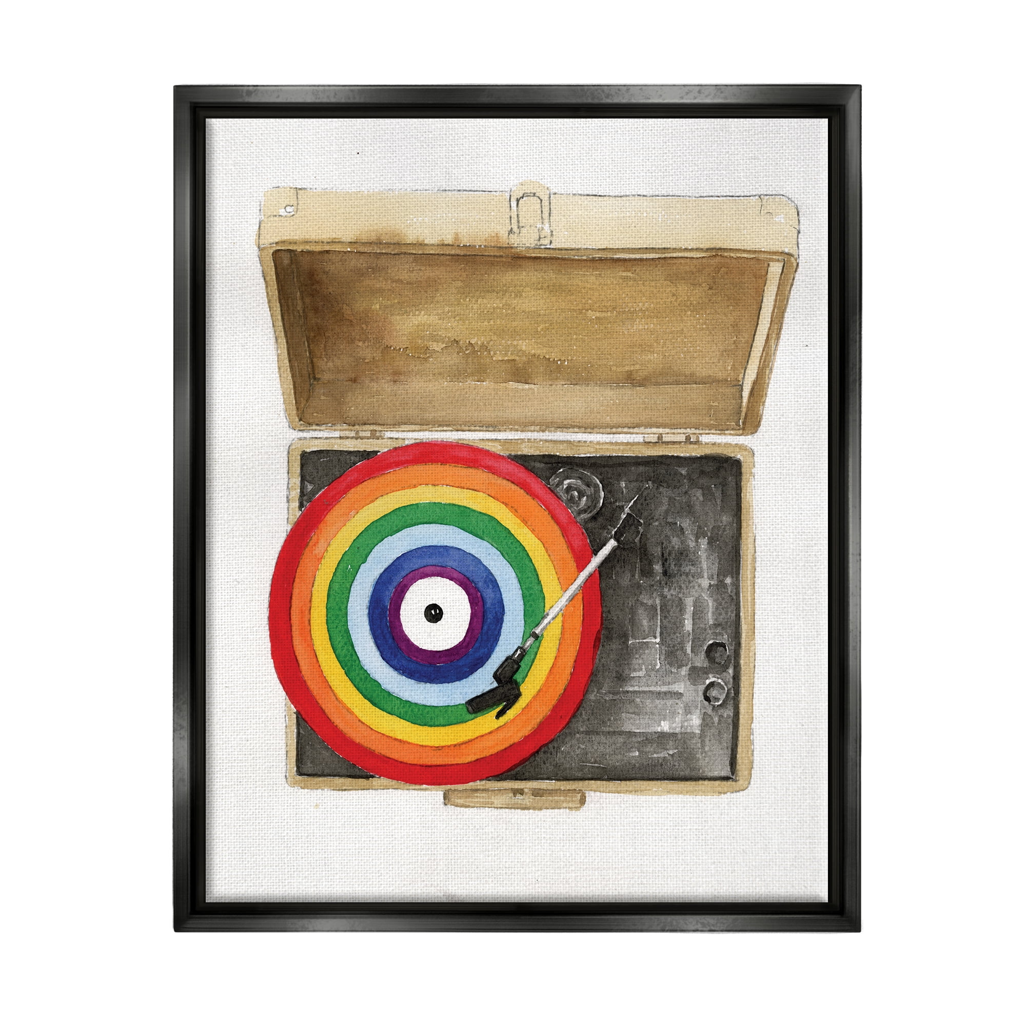 Stupell Industries Rainbow Record Player Performing Arts Painting Black Floater Framed Canvas Art Print Wall Art, 17 x 21