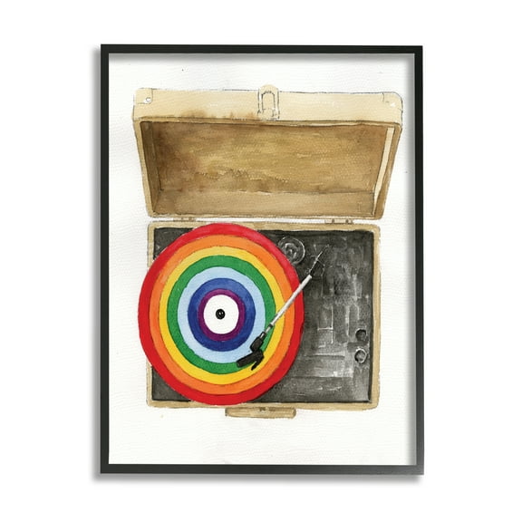 Stupell Industries Rainbow Record Player Performing Arts Painting Black Framed Art Print Wall Art, 11 x 14