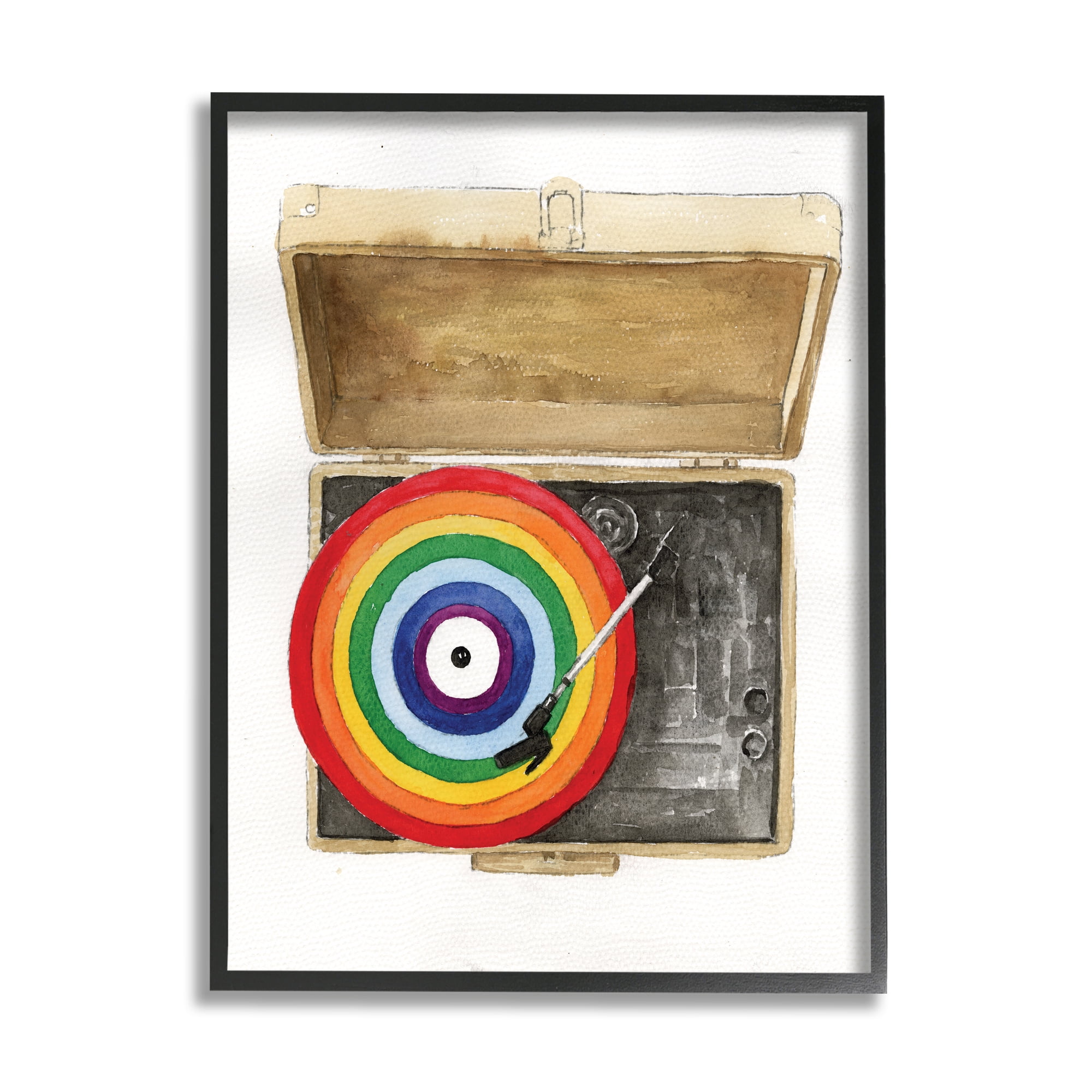 Stupell Industries Rainbow Record Player Performing Arts Painting Black Framed Art Print Wall Art, 16 x 20