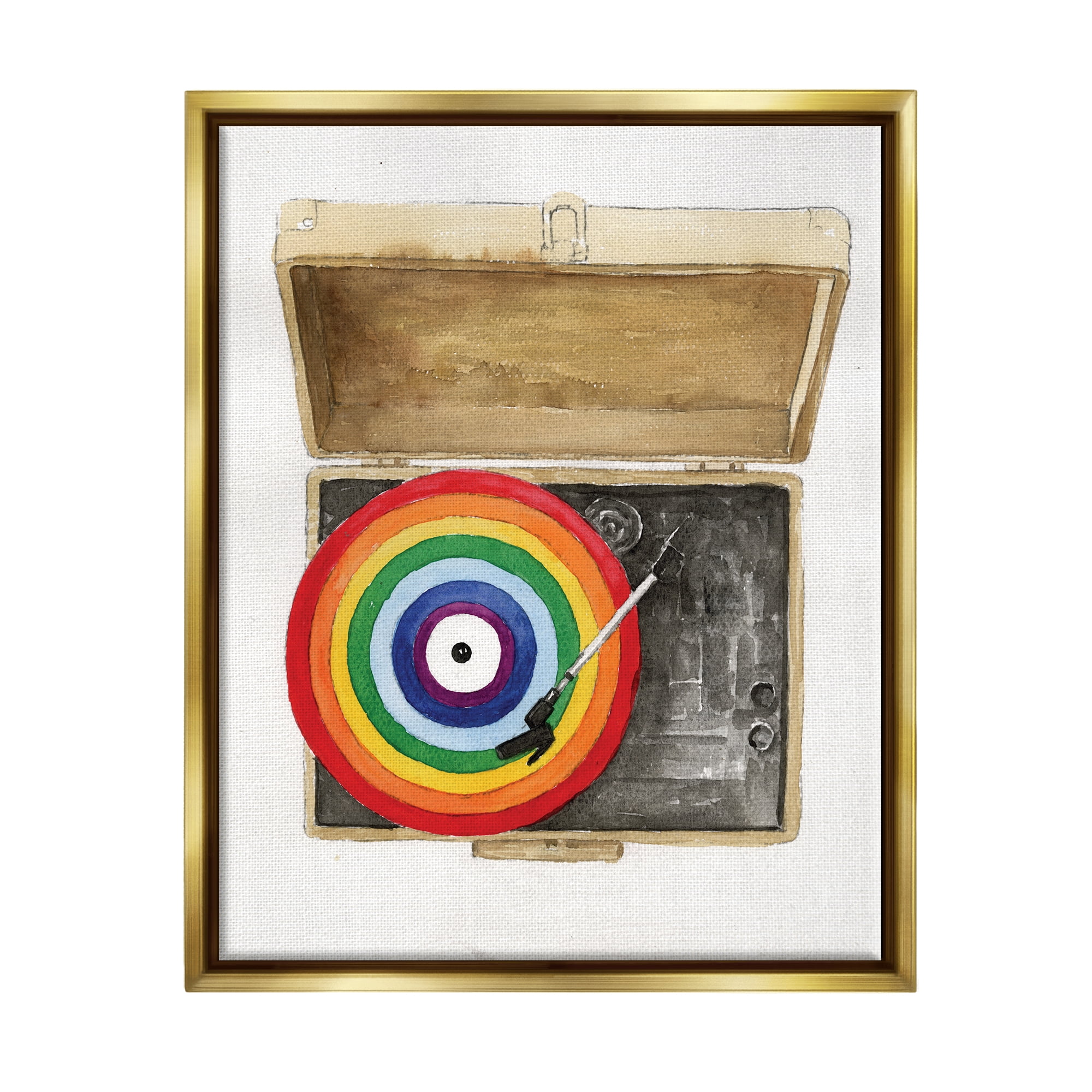 Stupell Industries Rainbow Record Player Performing Arts Painting Gold Floater Framed Canvas Art Print Wall Art, 17 x 21
