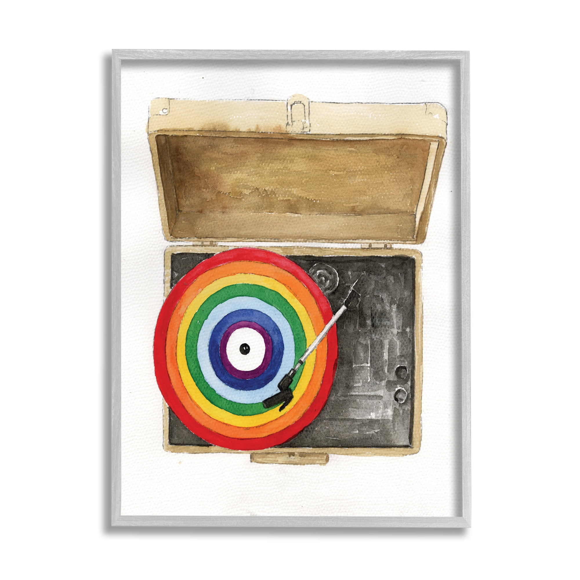 Stupell Industries Rainbow Record Player Performing Arts Painting Gray Framed Art Print Wall Art, 24 x 30