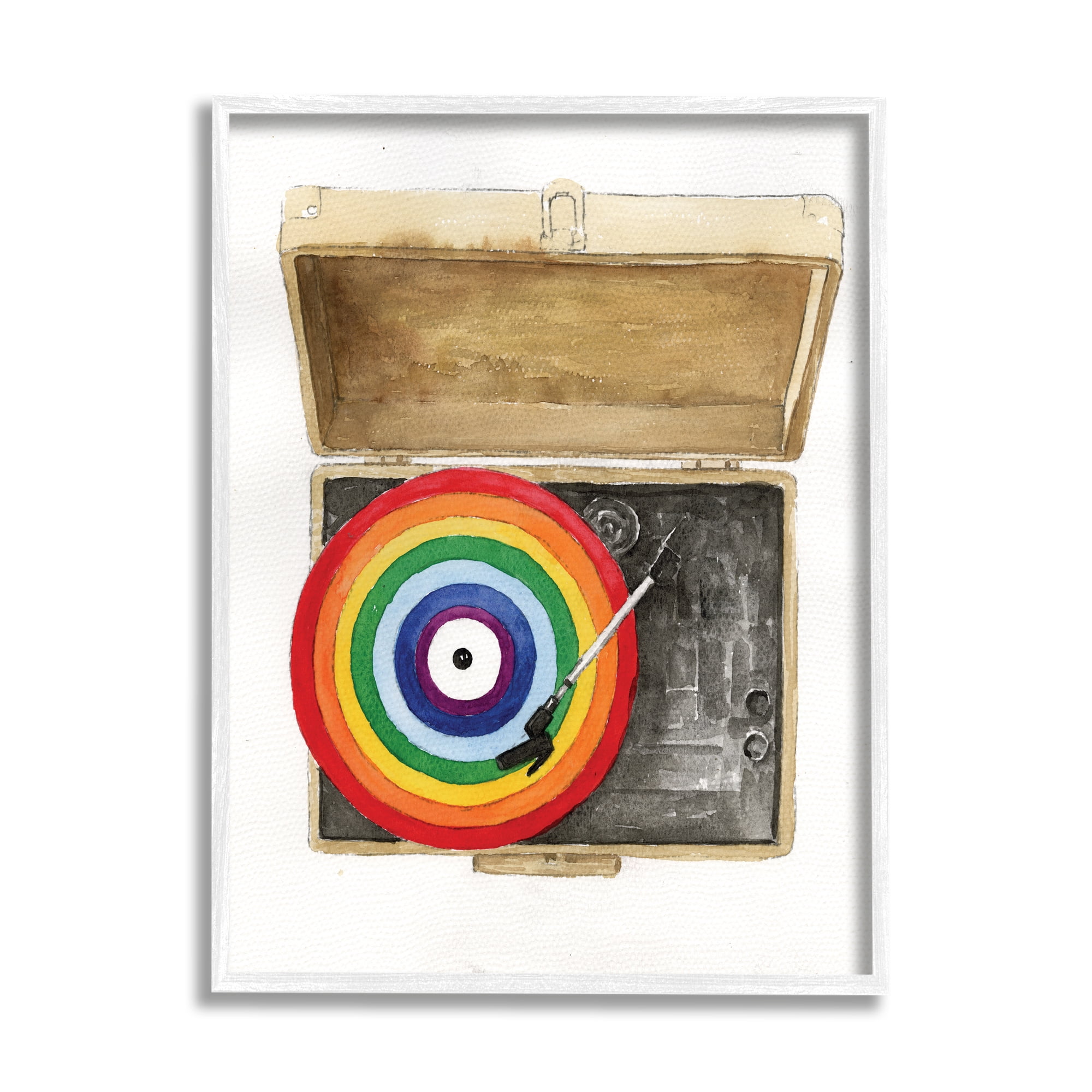 Stupell Industries Rainbow Record Player Performing Arts Painting White Framed Art Print Wall Art, 16 x 20