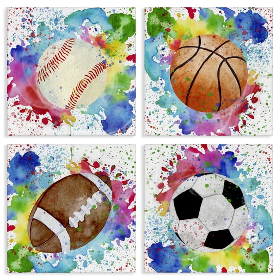 Stupell Industries Rainbow Splatter Baseball Sports & Sports Teams Painting Wrapped Canvas Canvas Art Print Wall Art, 17 x 17, Set of 4