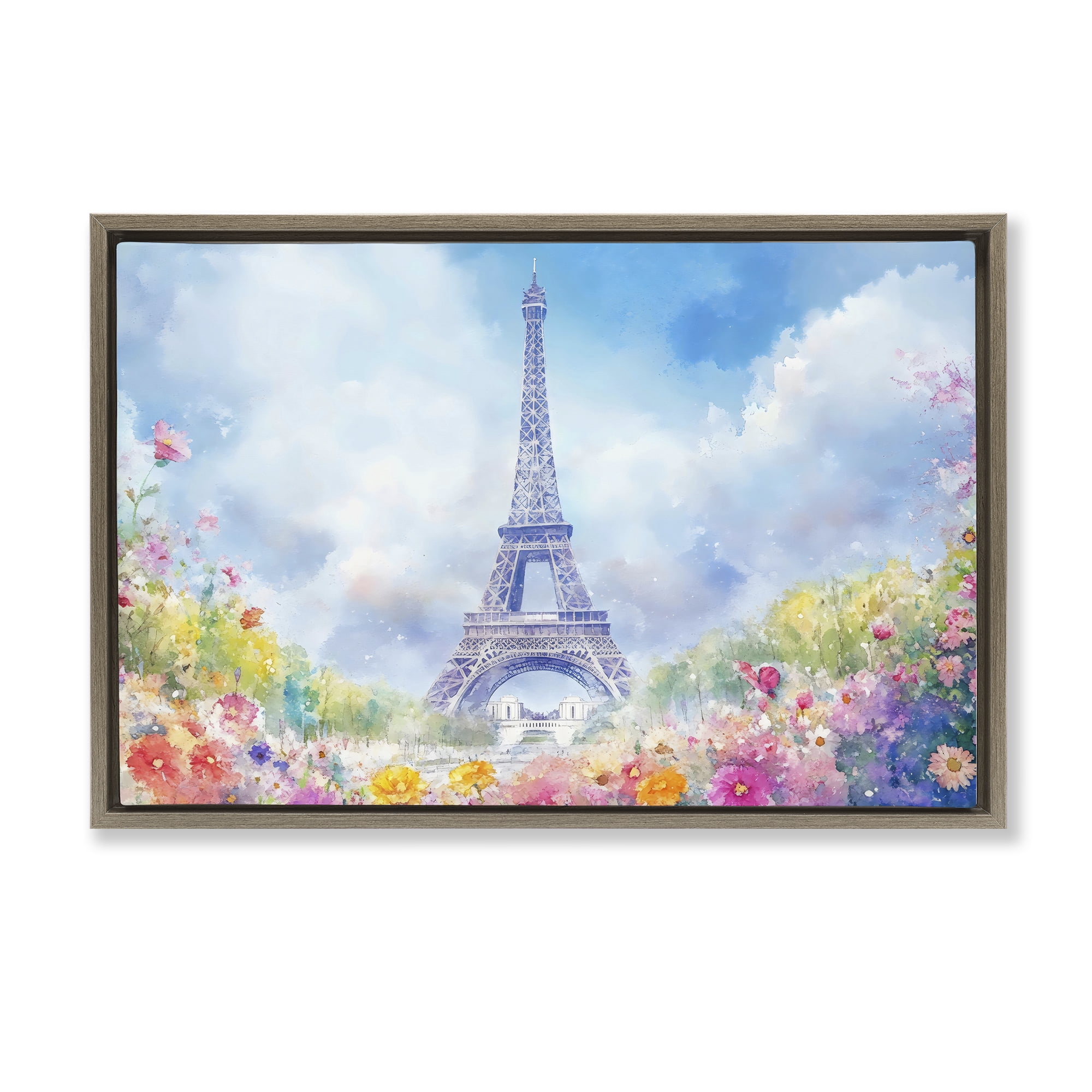 Stupell Industries Rainbow Spring at Eiffel Tower Brown Framed Floater Canvas Wall Art, design by Creative Studio