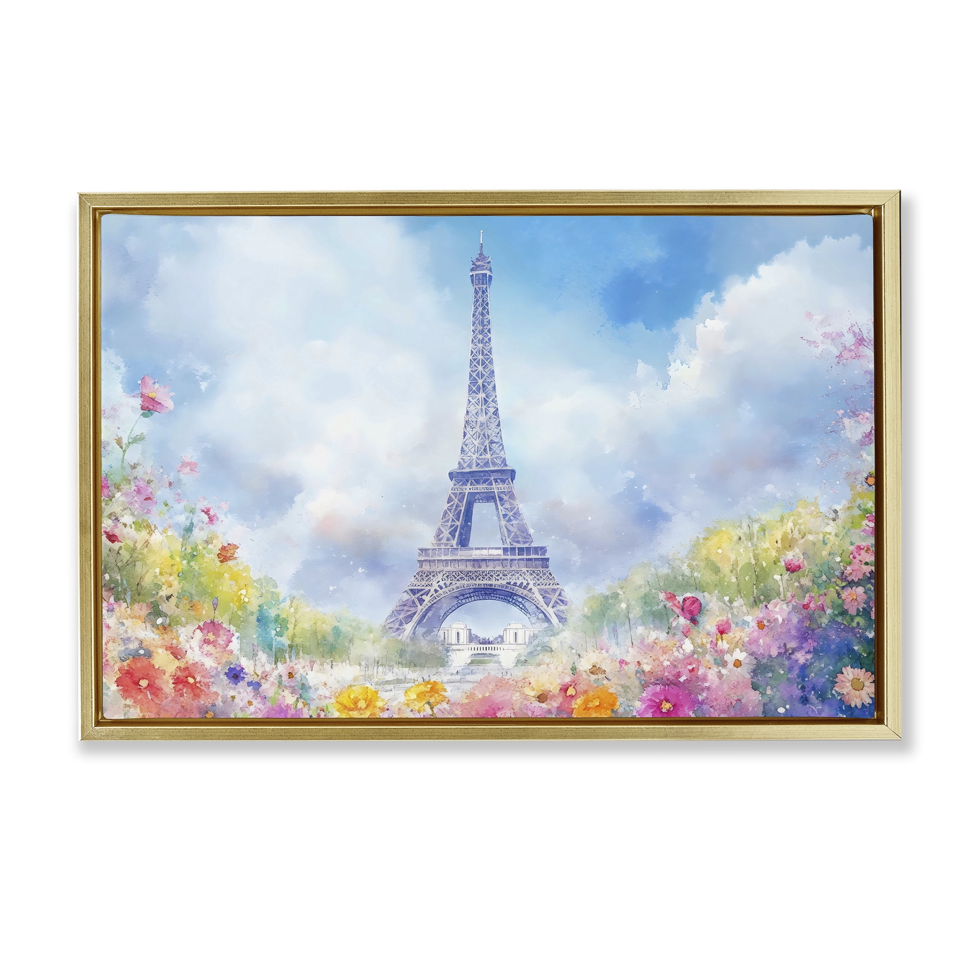 Stupell Industries Rainbow Spring at Eiffel Tower Gold Framed Floater Canvas Wall Art, design by Creative Studio