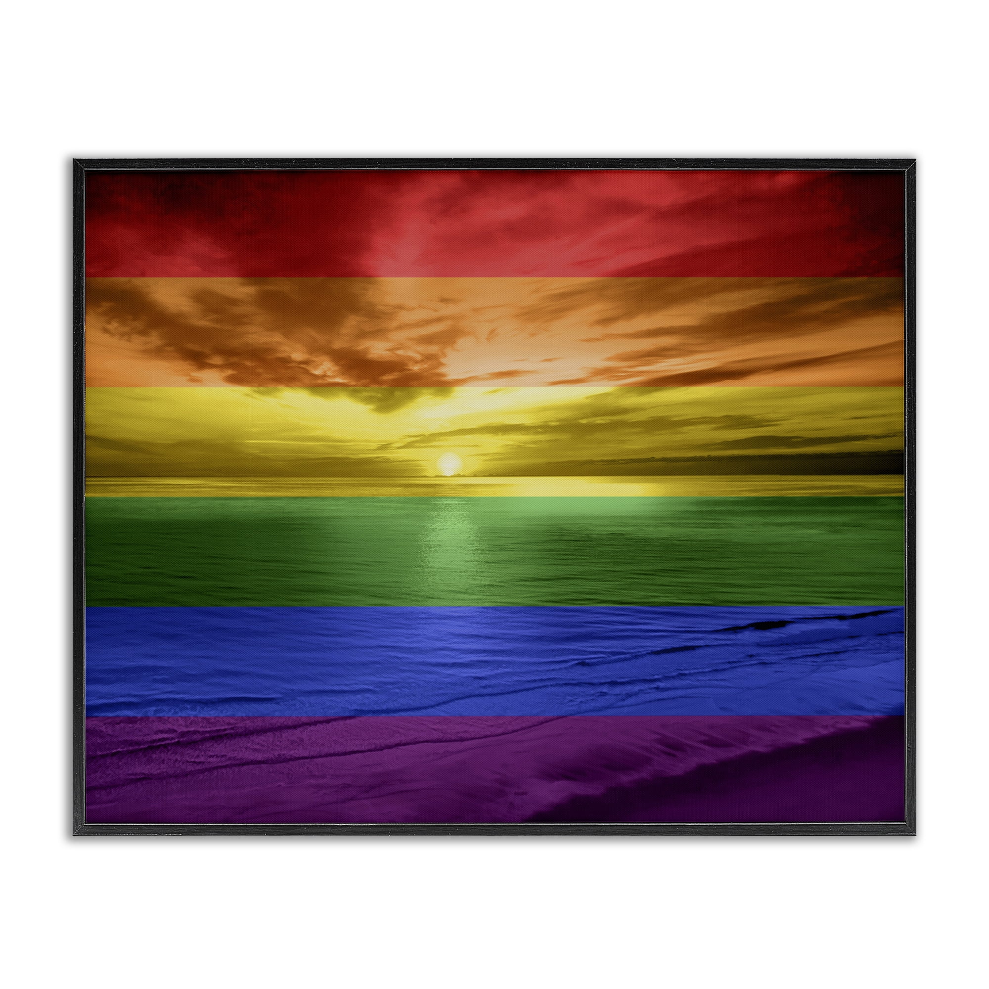 Stupell Industries Rainbow Sunset Beach Coastal Painting Black Framed Art Print Wall Art, 20 x 16