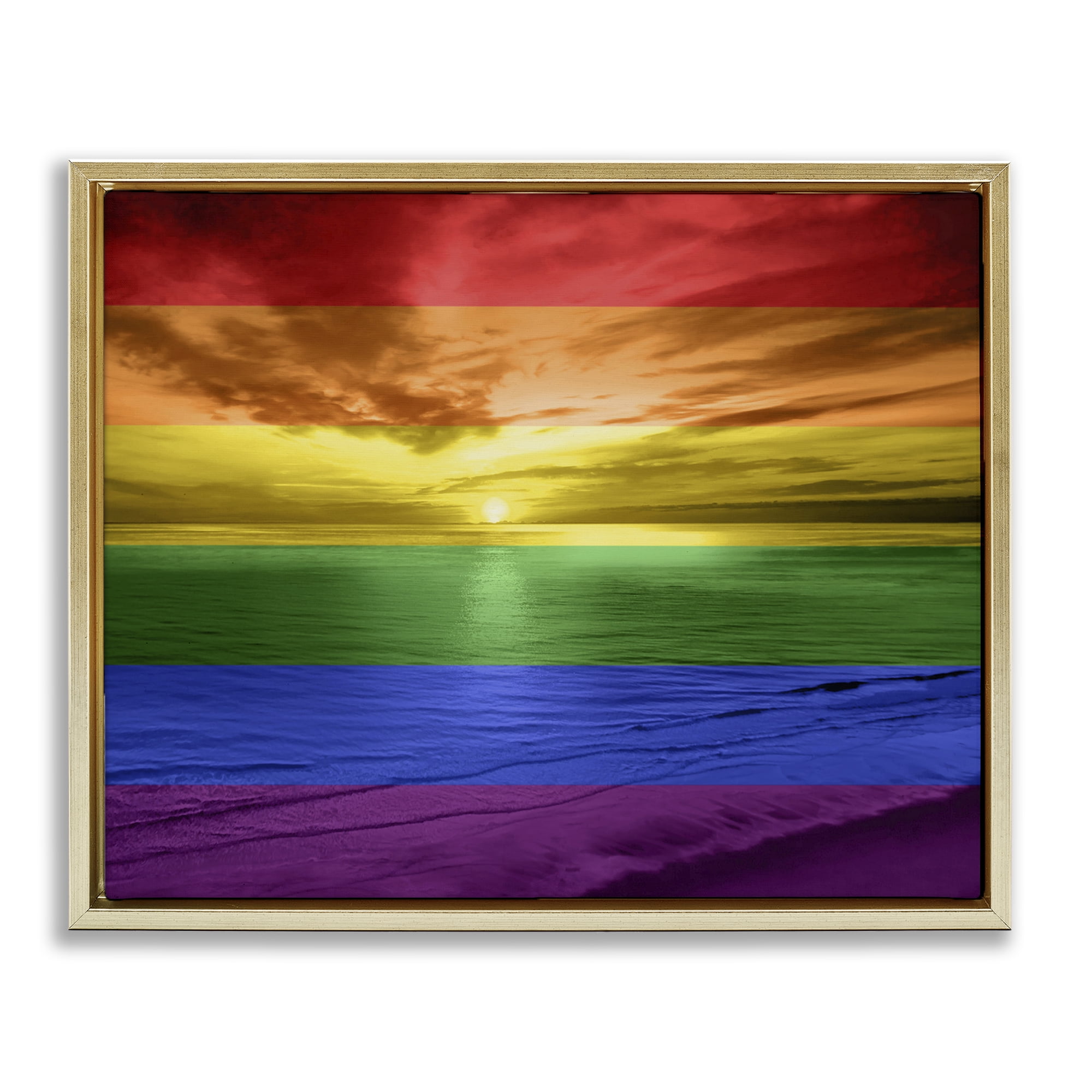 Stupell Industries Rainbow Sunset Beach Coastal Painting Gold Floater Framed Art Print Wall Art, 31 x 25