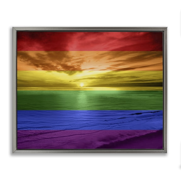 Stupell Industries Rainbow Sunset Beach Coastal Painting Gray Floater Framed Art Print Wall Art, 31 x 25