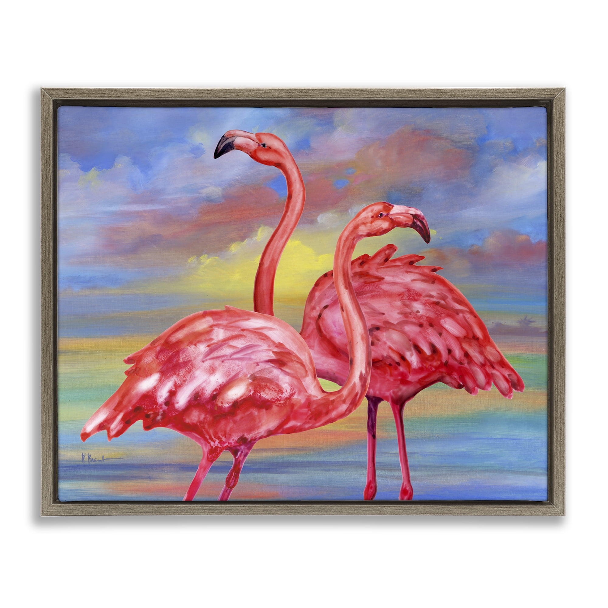 Stupell Industries Rainbow Sunset Flamingos Animals & Insects Painting Brown Floater Framed Canvas Art Print Wall Art, 21 x 17