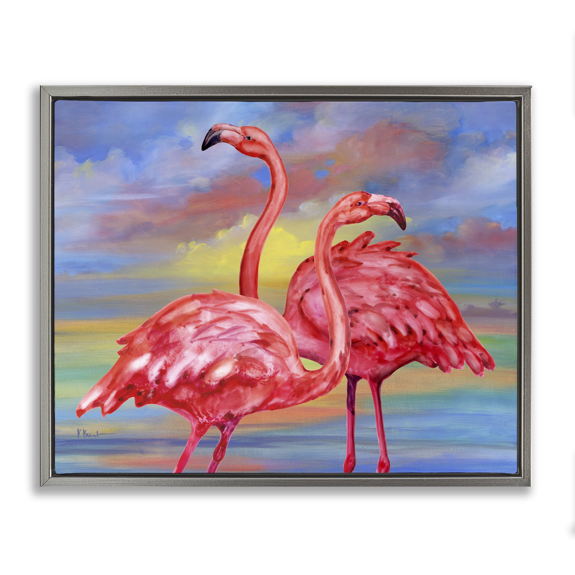 Stupell Industries Rainbow Sunset Flamingos Animals & Insects Painting Gray Floater Framed Canvas Art Print Wall Art, 21 x 17