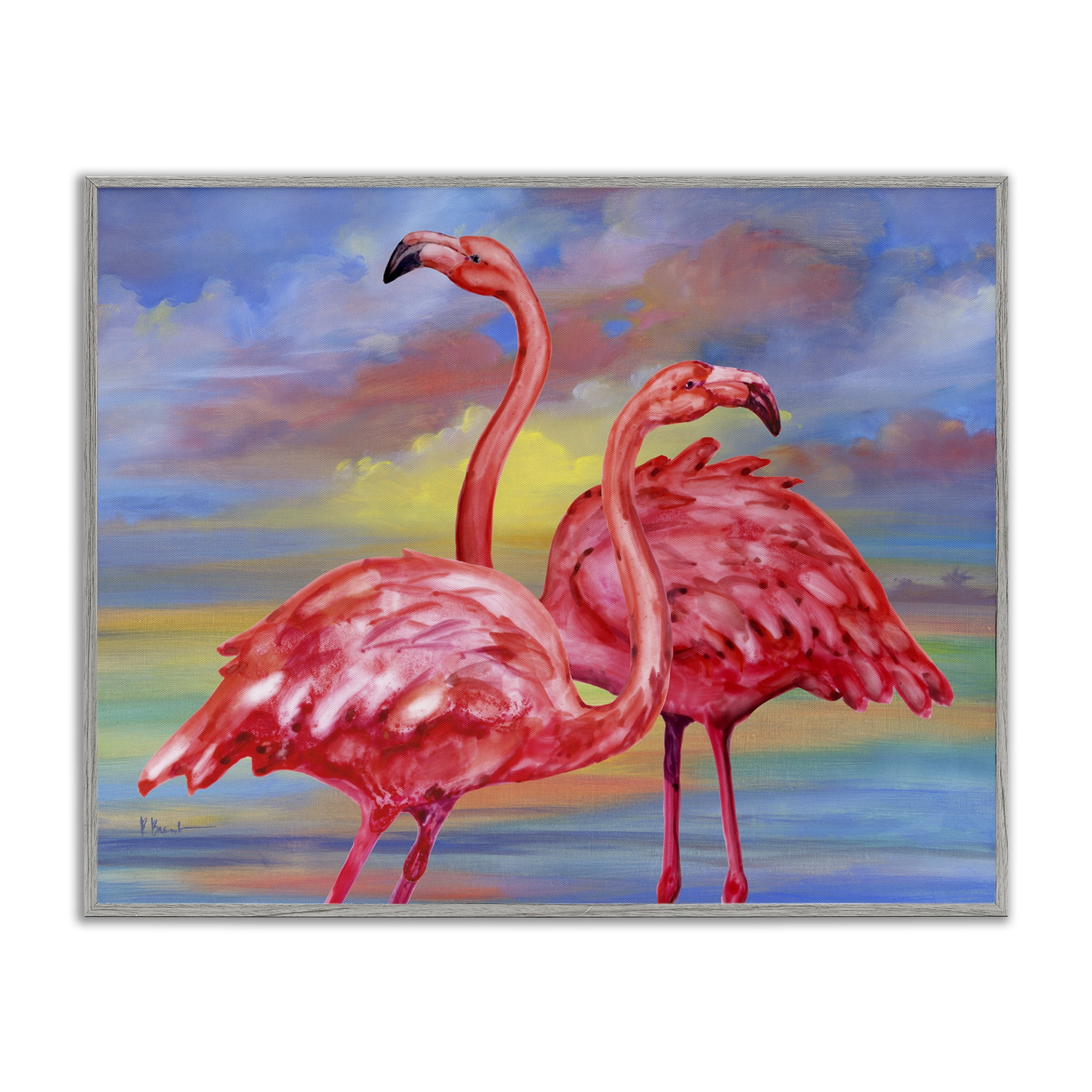 Stupell Industries Rainbow Sunset Flamingos Animals & Insects Painting Gray Framed Art Print Wall Art, 30 x 24