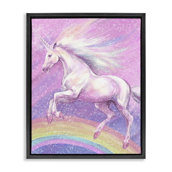 Stupell Industries Rainbow Unicorn Scene Fairy Tales & Fantasy Painting Black Floater Framed Art Print Wall Art, 17 x 21