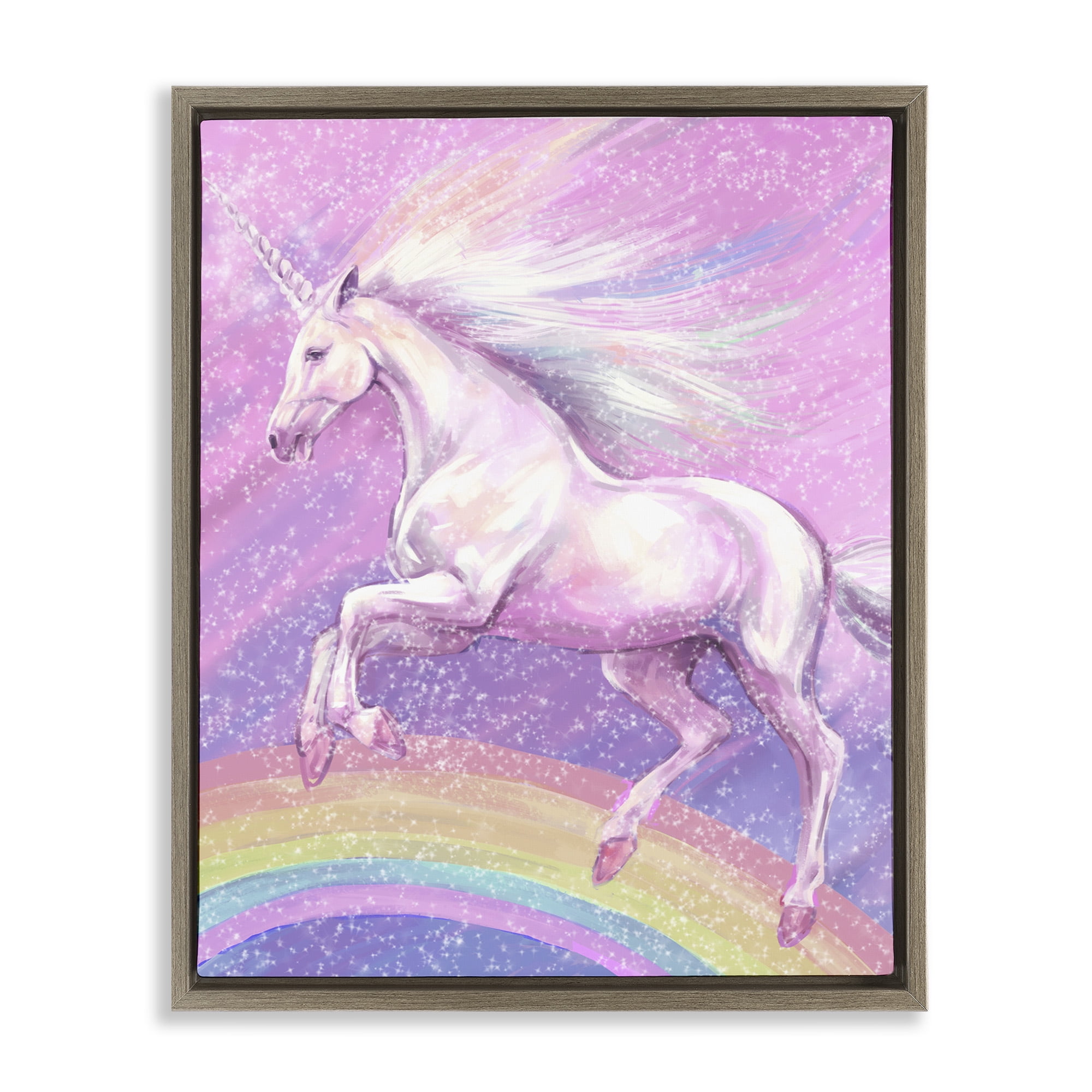 Stupell Industries Rainbow Unicorn Scene Fairy Tales & Fantasy Painting Brown Floater Framed Canvas Art Print Wall Art, 17 x 21