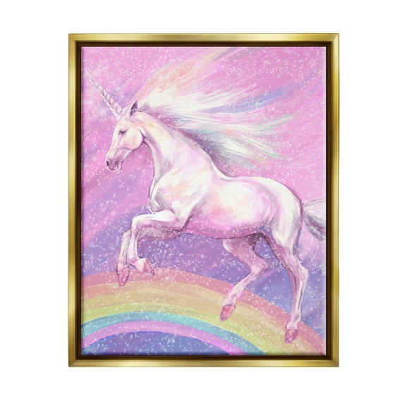 Stupell Industries Rainbow Unicorn Scene Fairy Tales & Fantasy Painting Gold Floater Framed Art Print Wall Art, 17 x 21