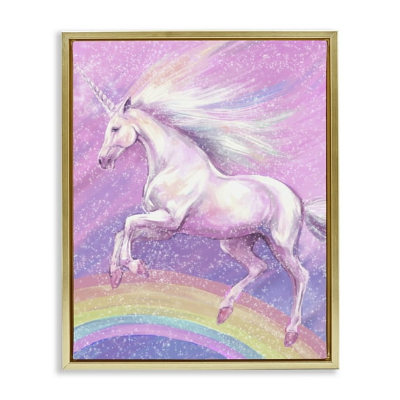 Stupell Industries Rainbow Unicorn Scene Fairy Tales & Fantasy Painting Gold Floater Framed Art Print Wall Art, 25 x 31