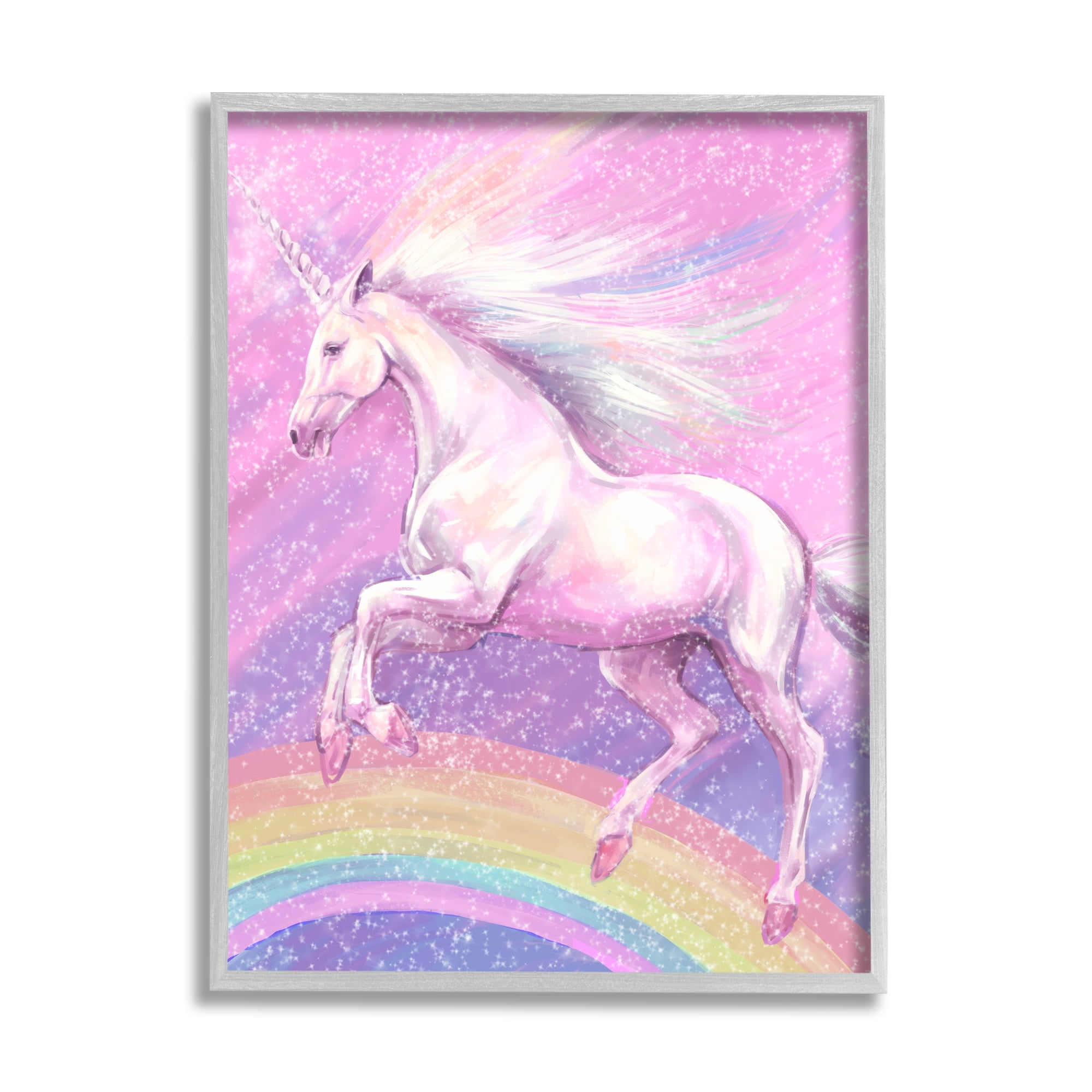 Stupell Industries Rainbow Unicorn Scene Fairy Tales & Fantasy Painting Gray Framed Art Print Wall Art, 11 x 14