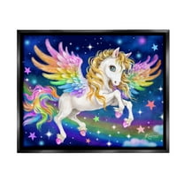 Stupell Industries Rainbow Unicorn in Space Fairy Tales & Fantasy Painting Black Floater Framed Canvas Art Print Wall Art, 21 x 17