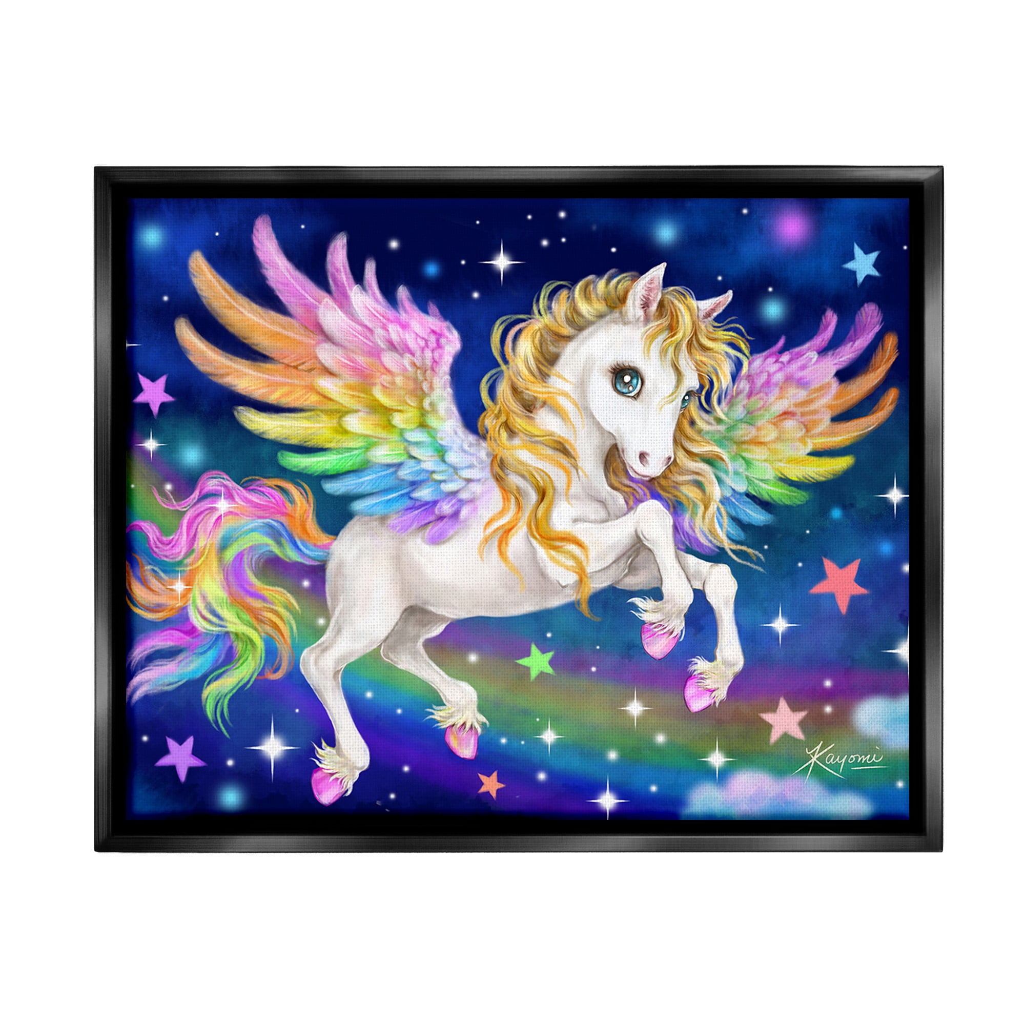 Stupell Industries Rainbow Unicorn in Space Fairy Tales & Fantasy Painting Black Floater Framed Canvas Art Print Wall Art, 31 x 25