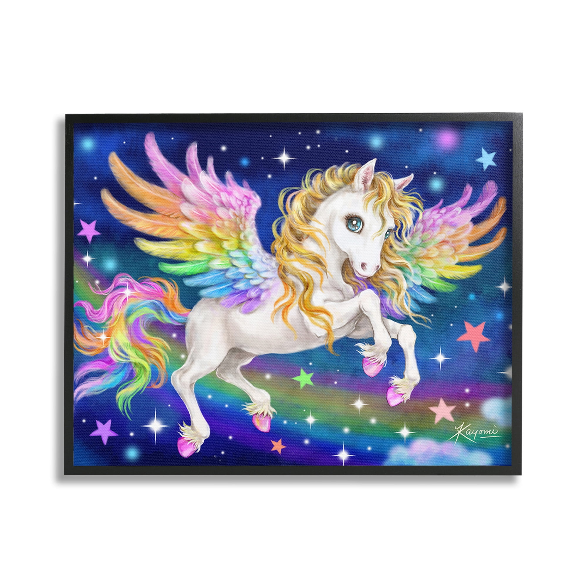 Stupell Industries Rainbow Unicorn in Space Fairy Tales & Fantasy Painting Black Framed Art Print Wall Art, 30 x 24