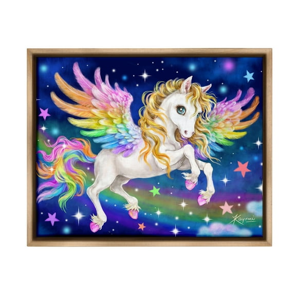 Stupell Industries Rainbow Unicorn in Space Fairy Tales & Fantasy Painting Brown Floater Framed Canvas Art Print Wall Art, 21 x 17