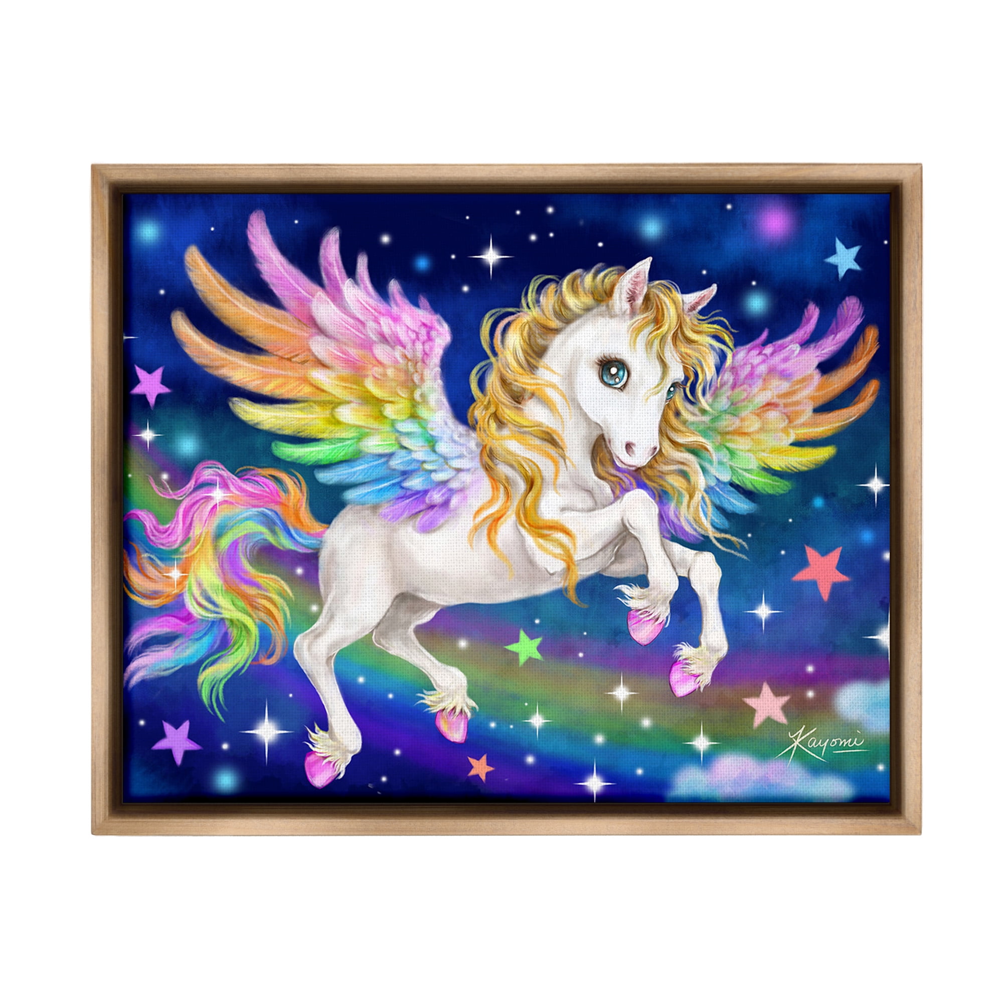 Stupell Industries Rainbow Unicorn in Space Fairy Tales & Fantasy Painting Brown Floater Framed Canvas Art Print Wall Art, 31 x 25