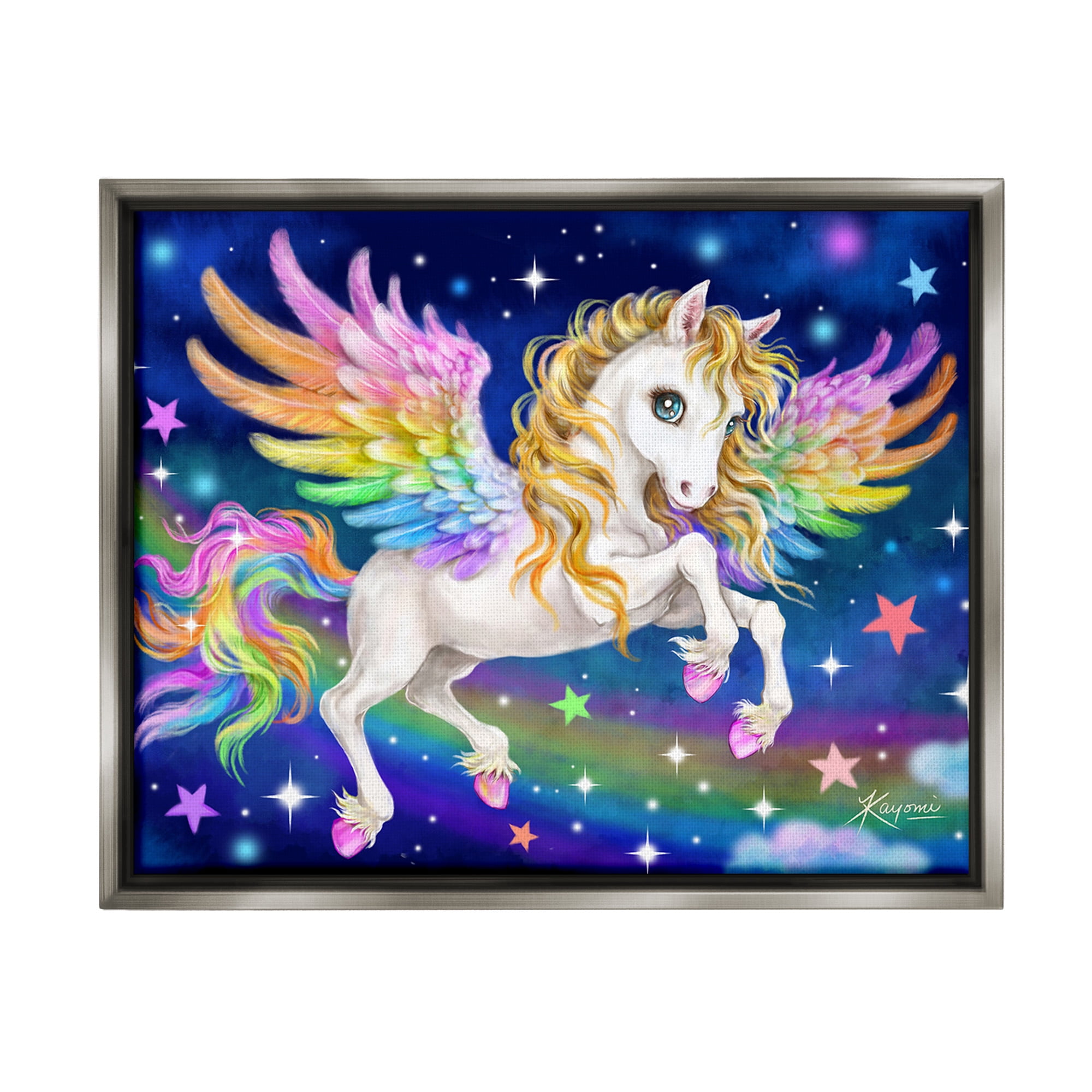 Stupell Industries Rainbow Unicorn in Space Fairy Tales & Fantasy Painting Gray Floater Framed Canvas Art Print Wall Art, 31 x 25