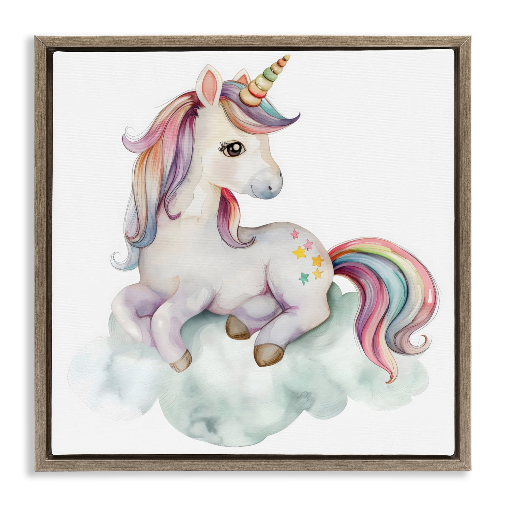 Stupell Industries Rainbow Unicorn on Cloud Brown Framed Floater Canvas Wall Art, design by Creative Studio