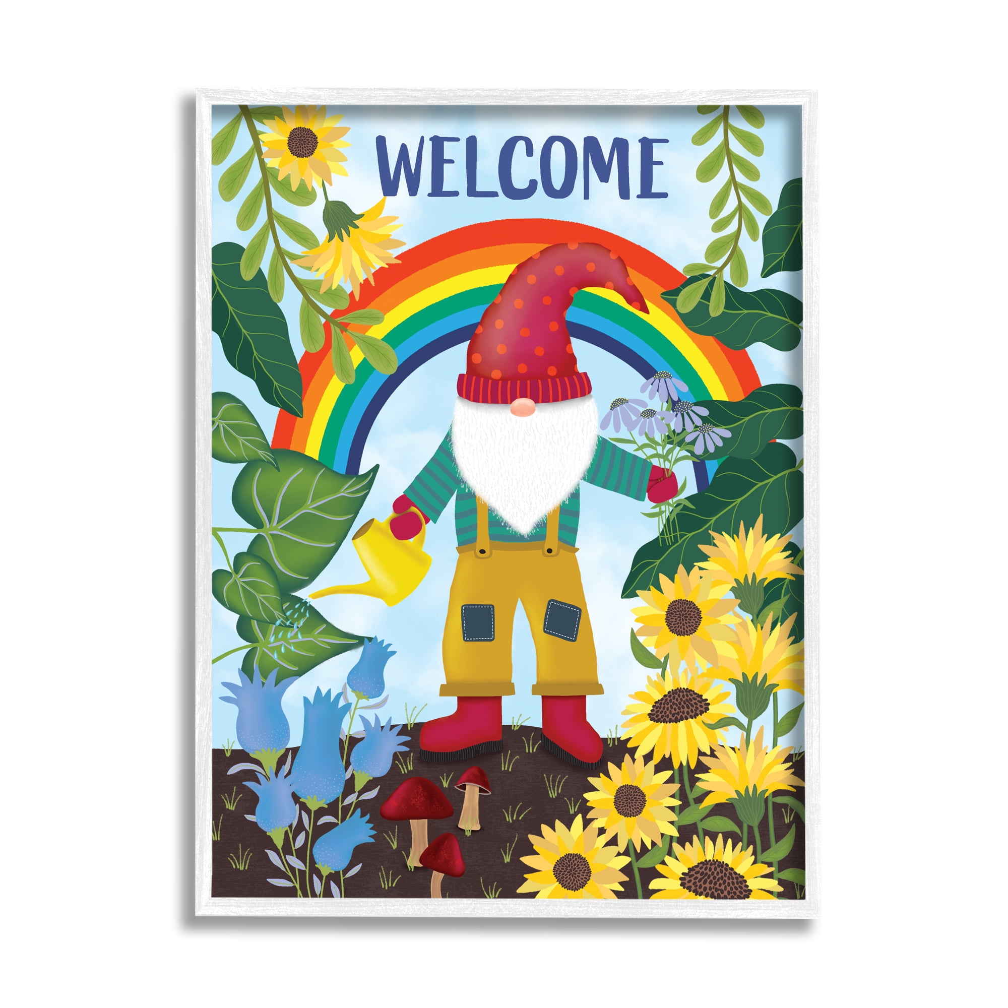 Stupell Industries Rainbow Welcome Garden Gnome Sunflowers Mushrooms, 16 x 20, Designed by Darlene Seale