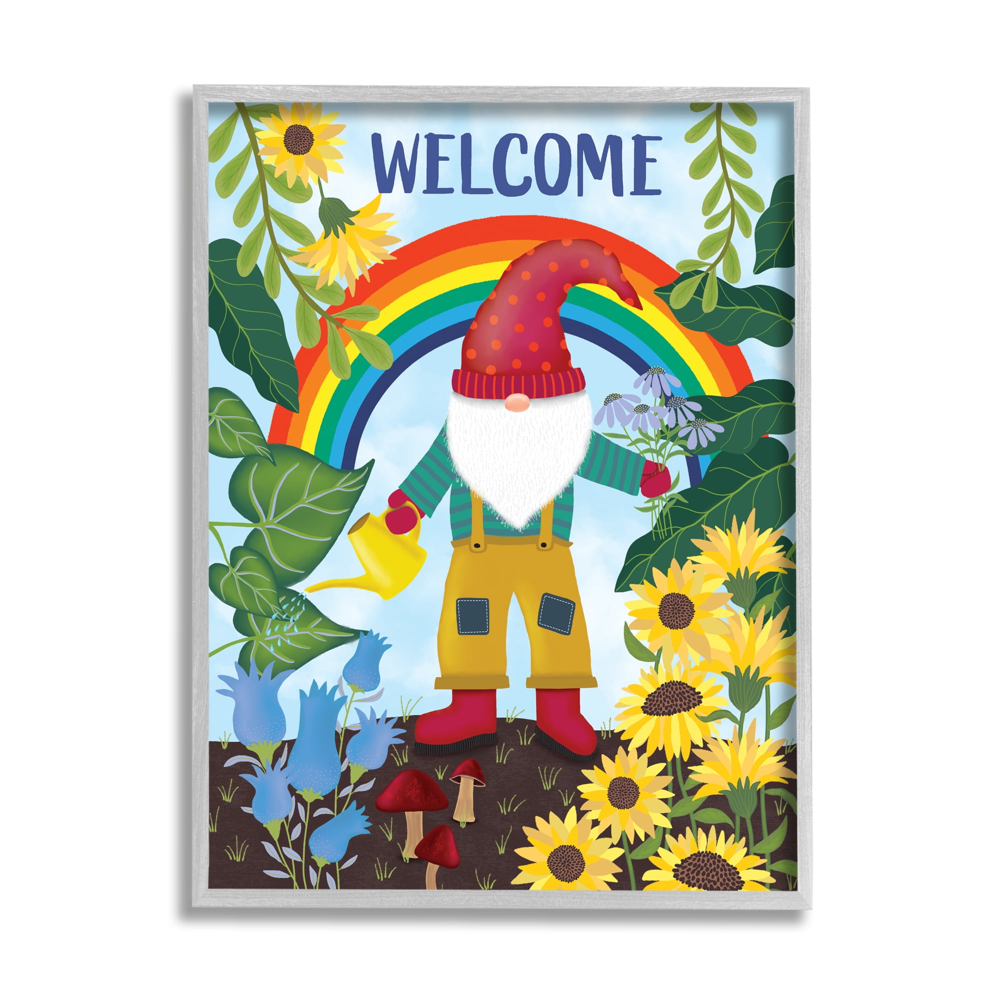 Stupell Industries Rainbow Welcome Garden Gnome Sunflowers Mushrooms, 24 x 30, Designed by Darlene Seale