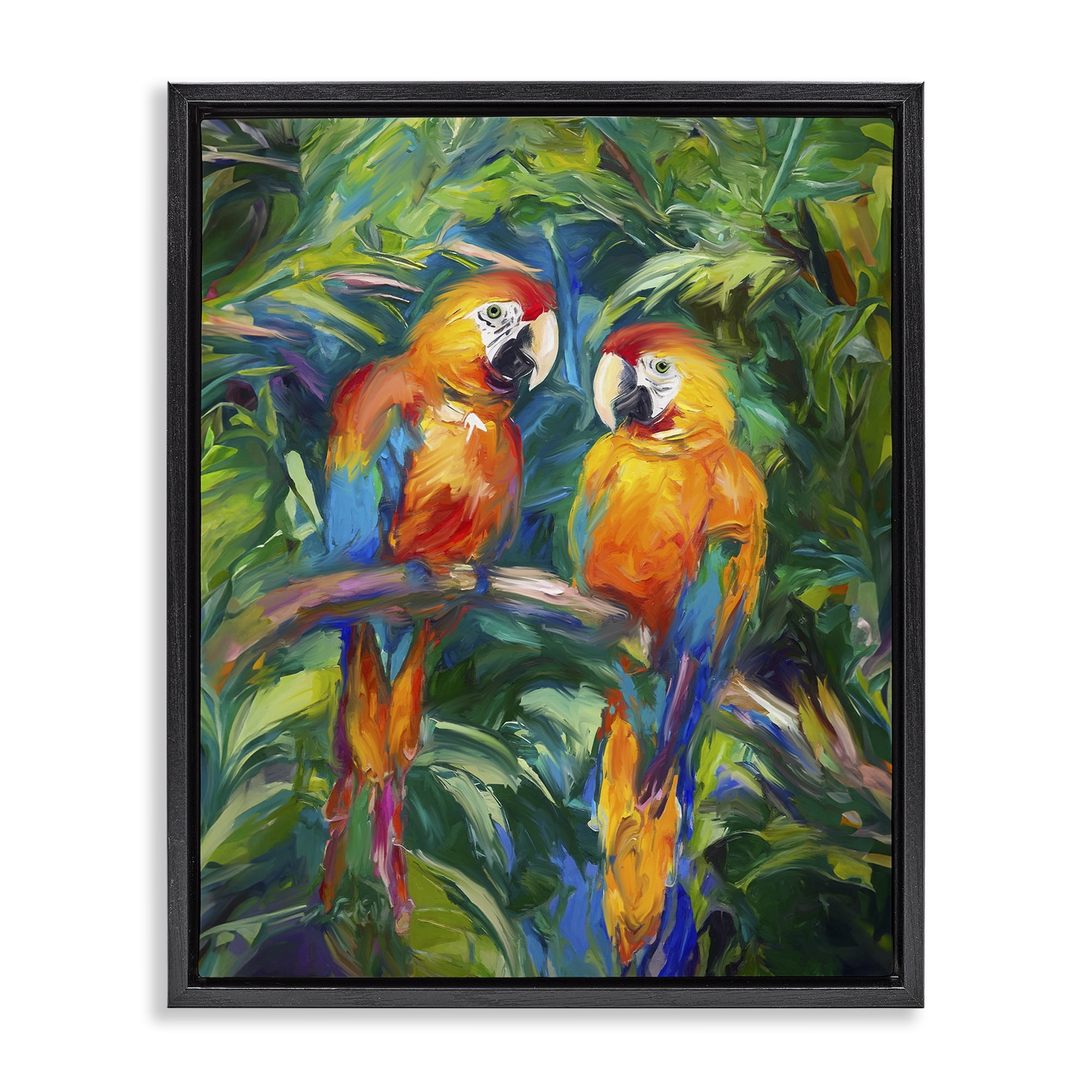 Stupell Industries Rainforest Parrot Branch Animals & Insects Painting Black Floater Framed Canvas Art Print Wall Art, 17 x 21