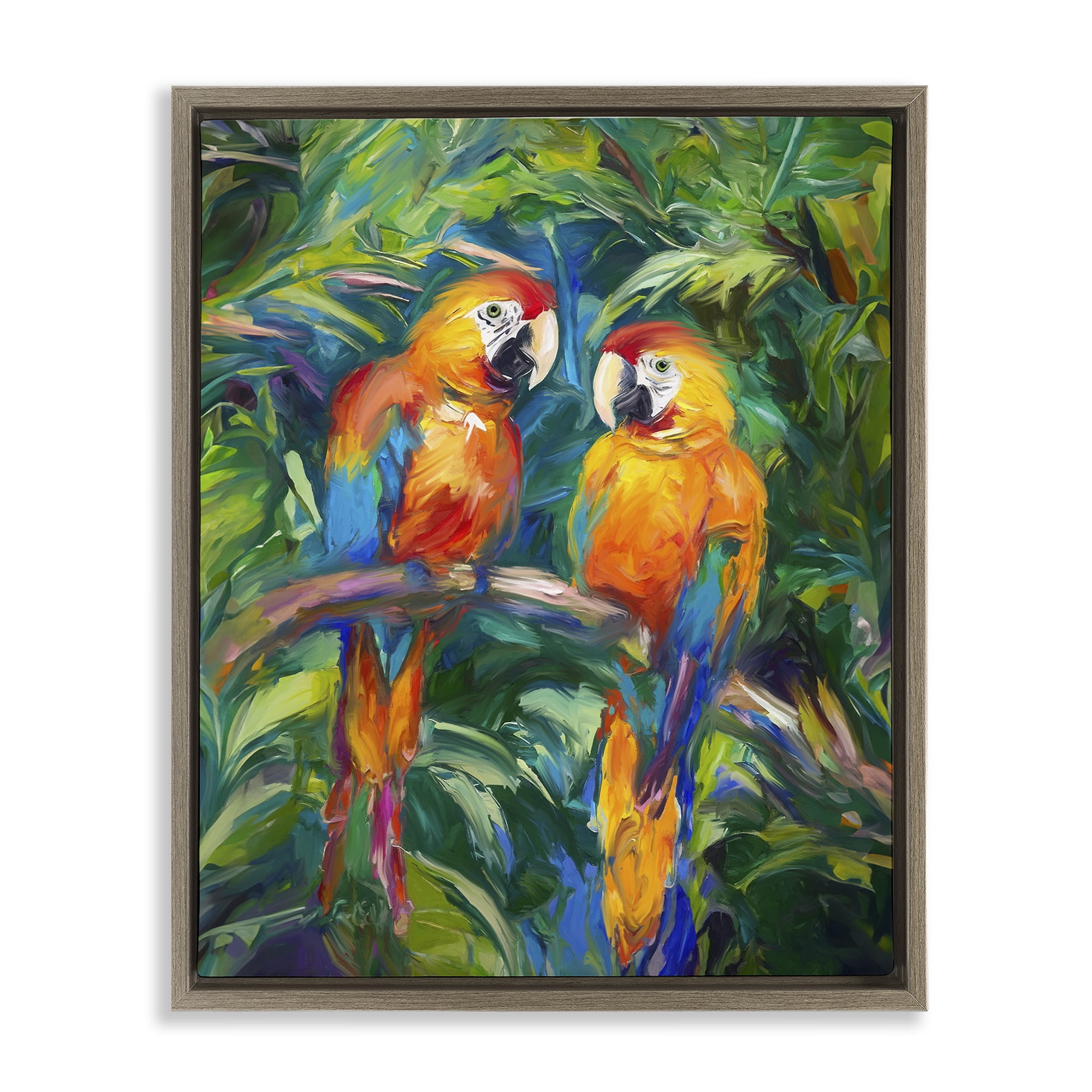 Stupell Industries Rainforest Parrot Branch Animals & Insects Painting Brown Floater Framed Canvas Art Print Wall Art, 25 x 31