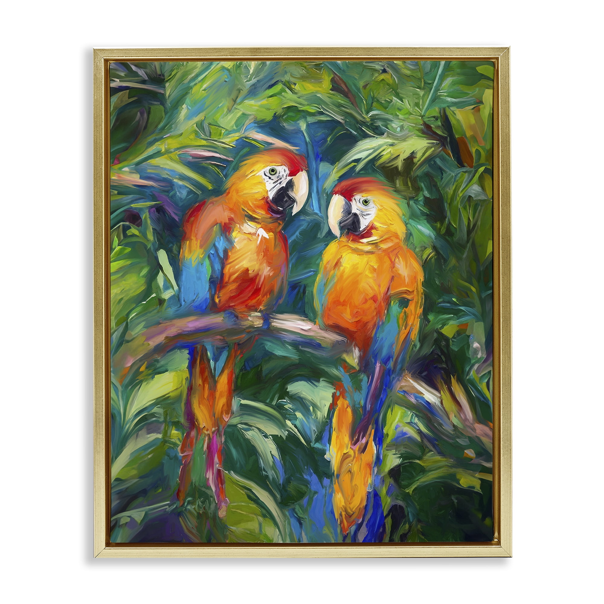 Stupell Industries Rainforest Parrot Branch Animals & Insects Painting Gold Floater Framed Canvas Art Print Wall Art, 25 x 31