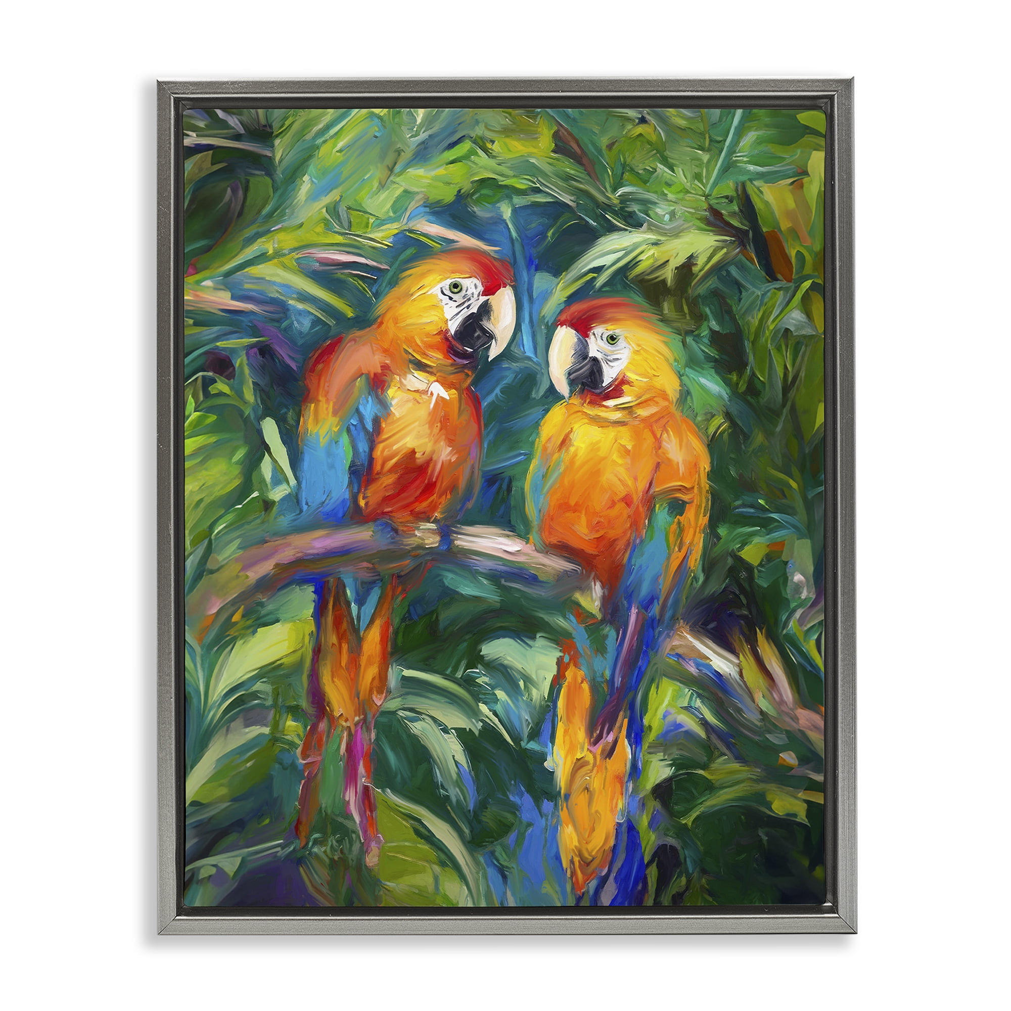 Stupell Industries Rainforest Parrot Branch Animals & Insects Painting Gray Floater Framed Canvas Art Print Wall Art, 25 x 31
