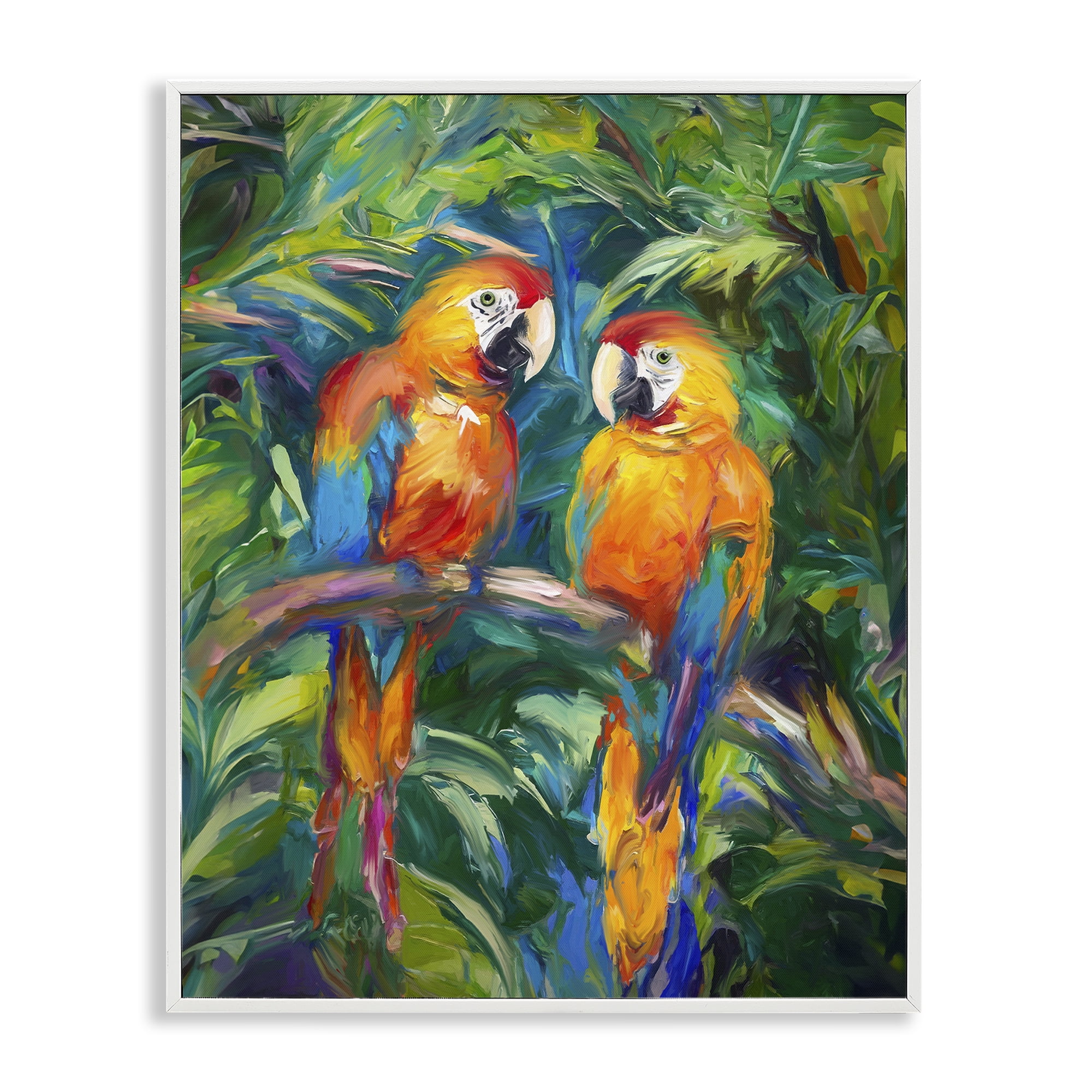 Stupell Industries Rainforest Parrot Branch Animals & Insects Painting White Framed Art Print Wall Art, 16 x 20