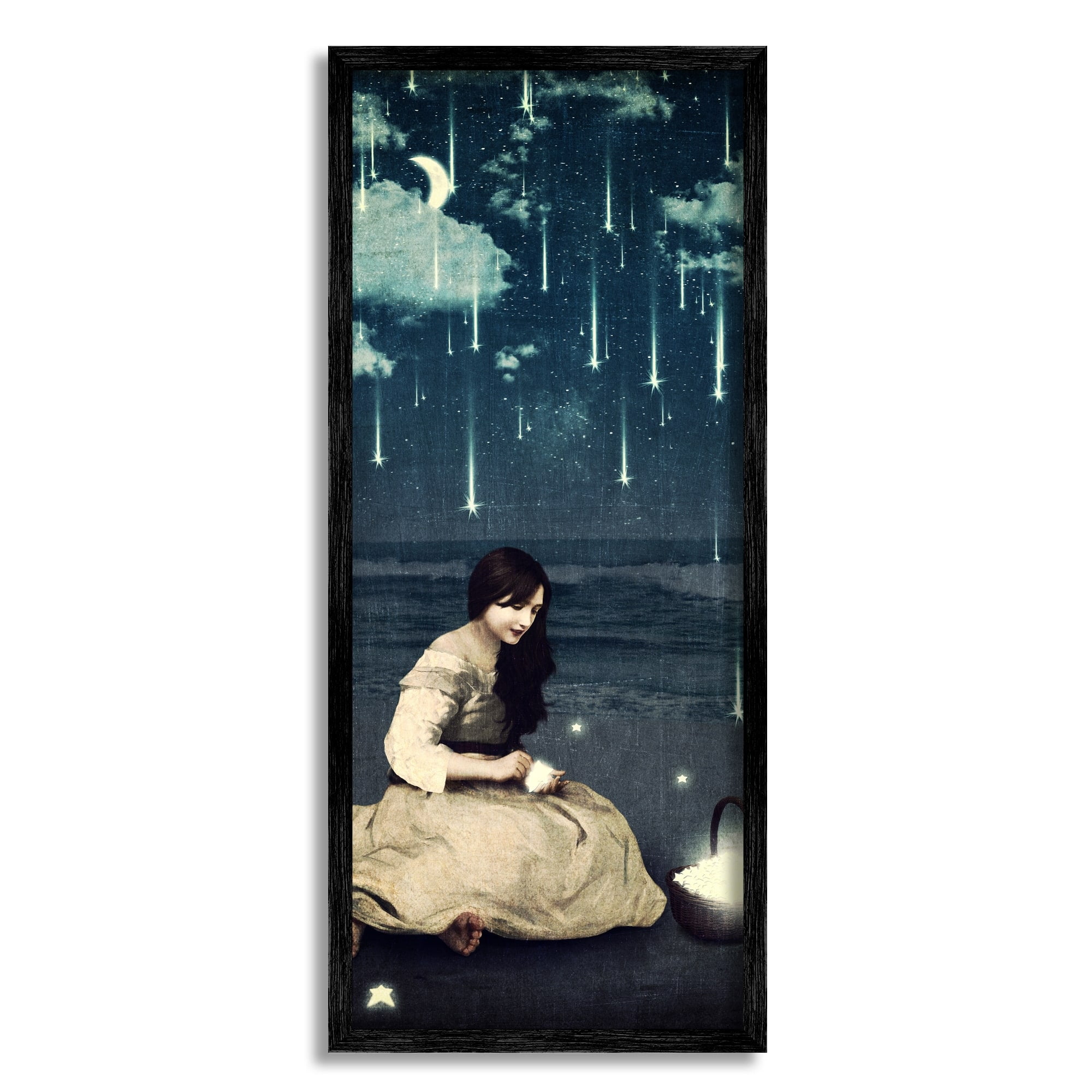 Stupell Industries Raining Meteorites Stars Nighttime Moon Woman Scene Framed Wall Art, 10 x 24, Design by Paula Belle Flores