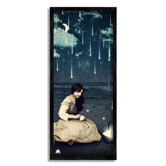 Stupell Industries Raining Meteorites Stars Nighttime Moon Woman Scene Framed Wall Art, 10 x 24, Design by Paula Belle Flores