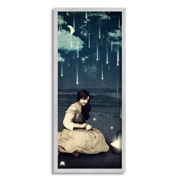 Stupell Industries Raining Meteorites Stars Nighttime Moon Woman Scene Framed Wall Art, 13 x 30, Design by Paula Belle Flores