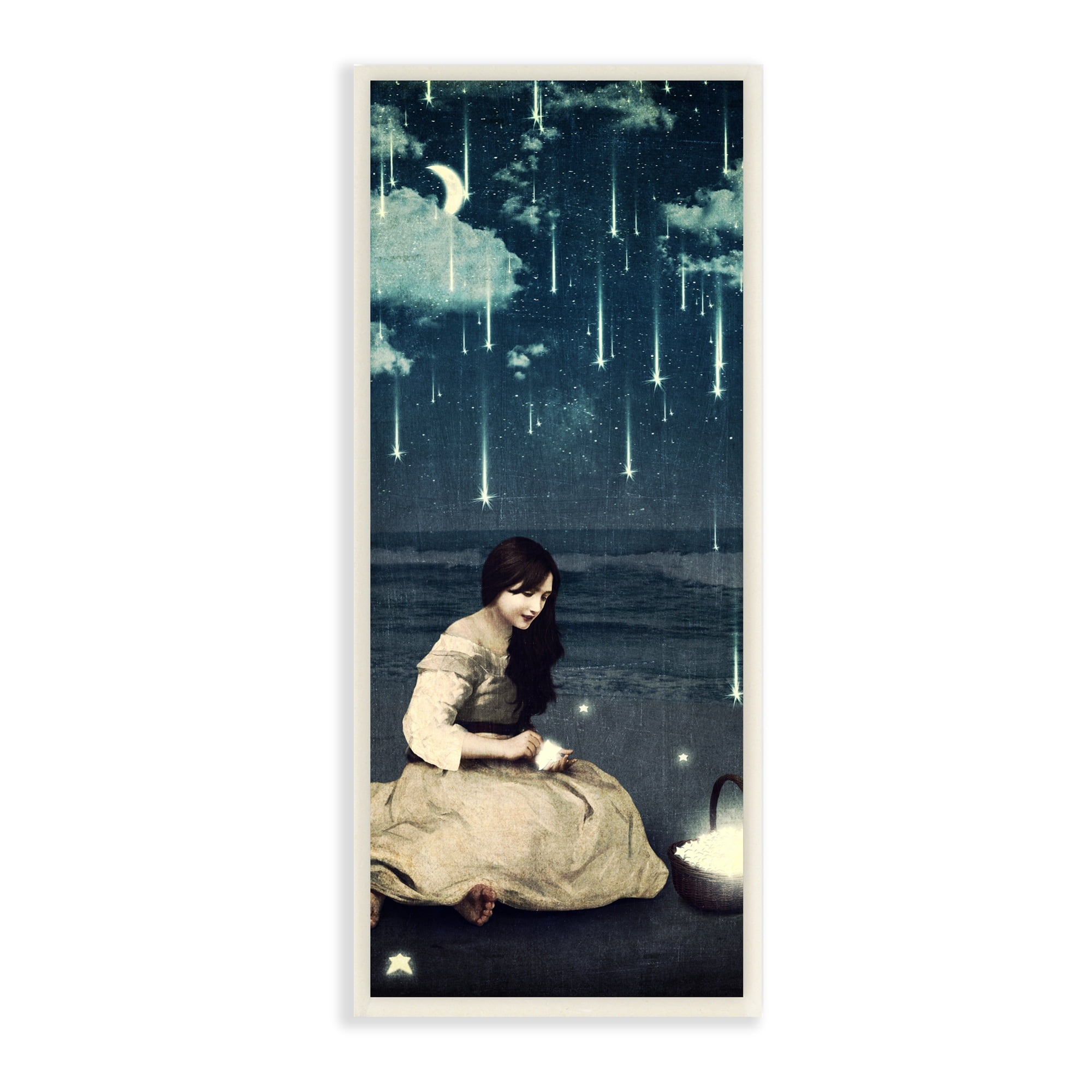 Raining Meteorites Stars Nighttime Moon Scene Wood Wall Art