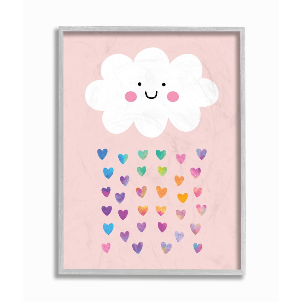 Stupell Industries Raining Rainbow Hearts with Happy Cloud Framed Wall Art Design by Seven Trees Design, 11" x 14", Gray Framed