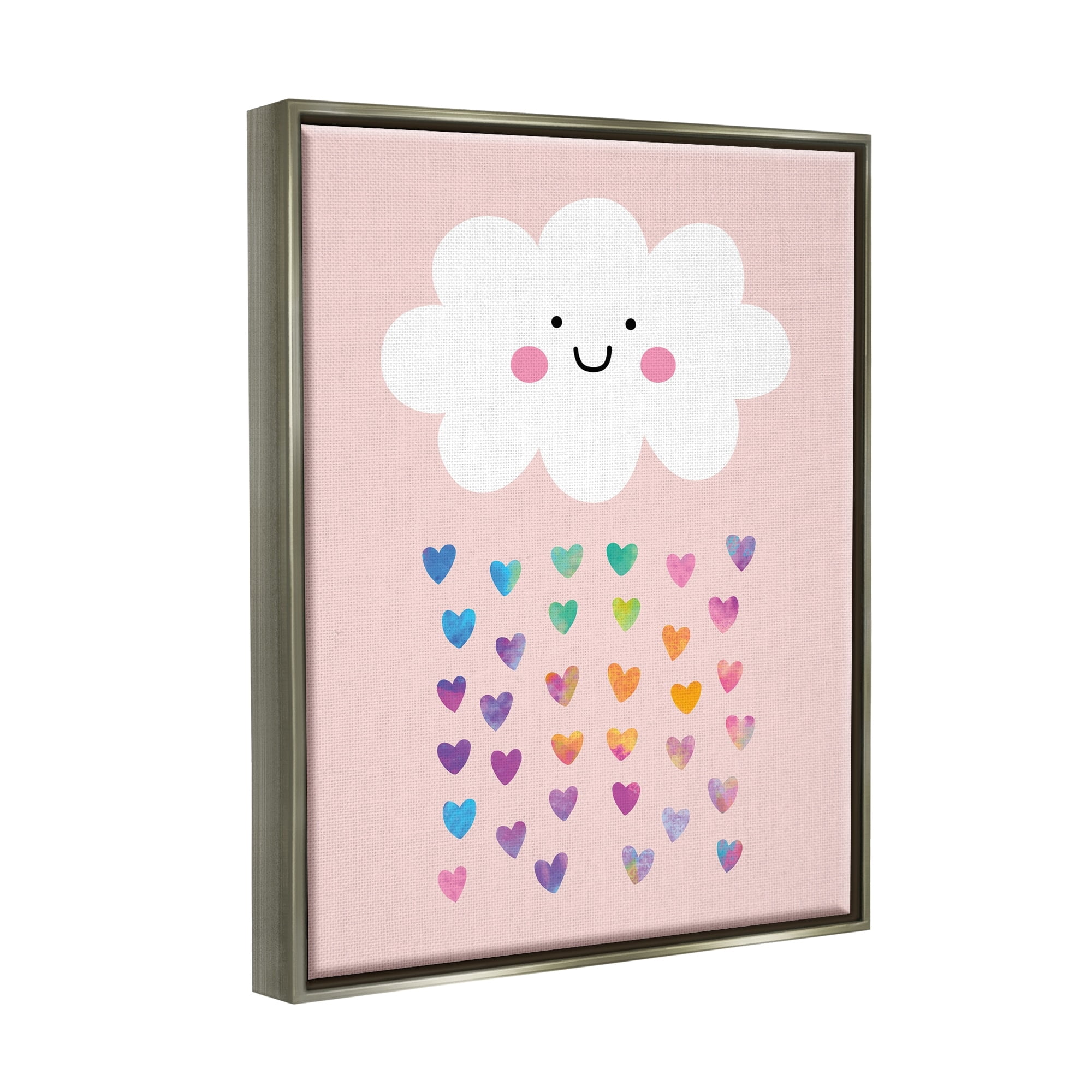 Stupell Industries Raining Rainbow Hearts with Happy Cloud Luster Gray Framed Floating Canvas Wall Art, 16x20, by Seven Trees Design