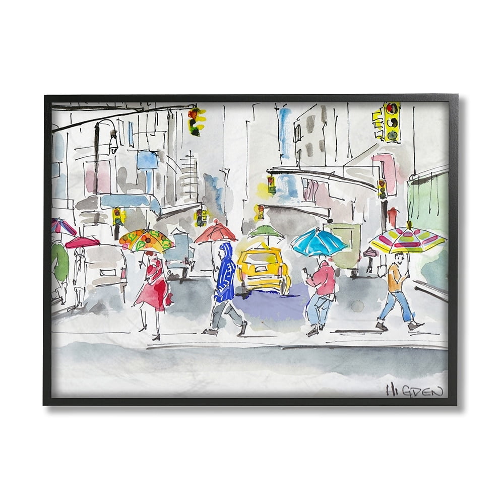 Stupell Industries Rainy Crosswalk Pedestrians Urban City People Black Framed by Mark Higden