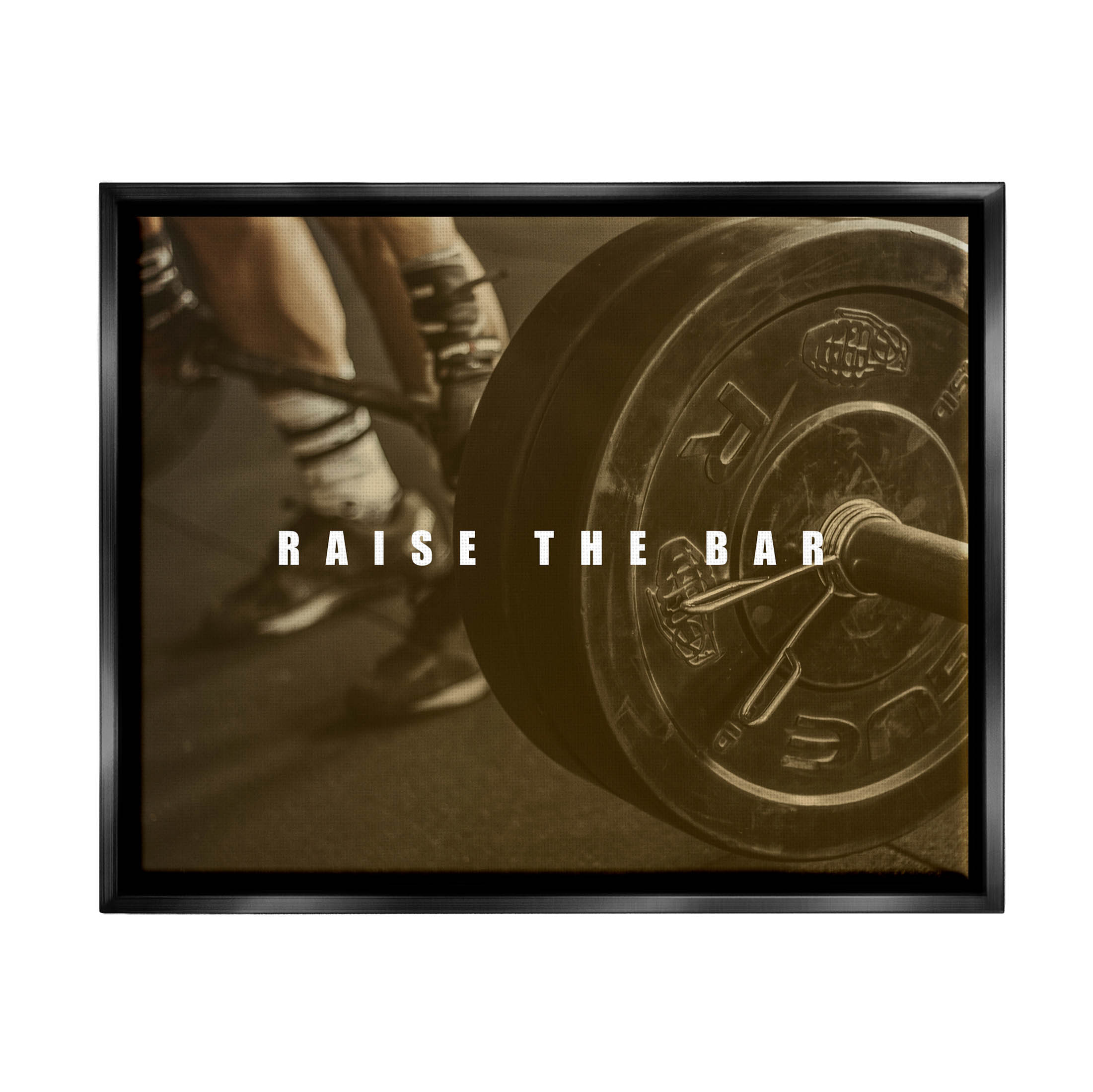 Stupell Industries Raise The Bar Motivational Bodybuilder Graphic Art Jet Black Floating Framed Canvas Print Wall Art, Design by Jacob Green