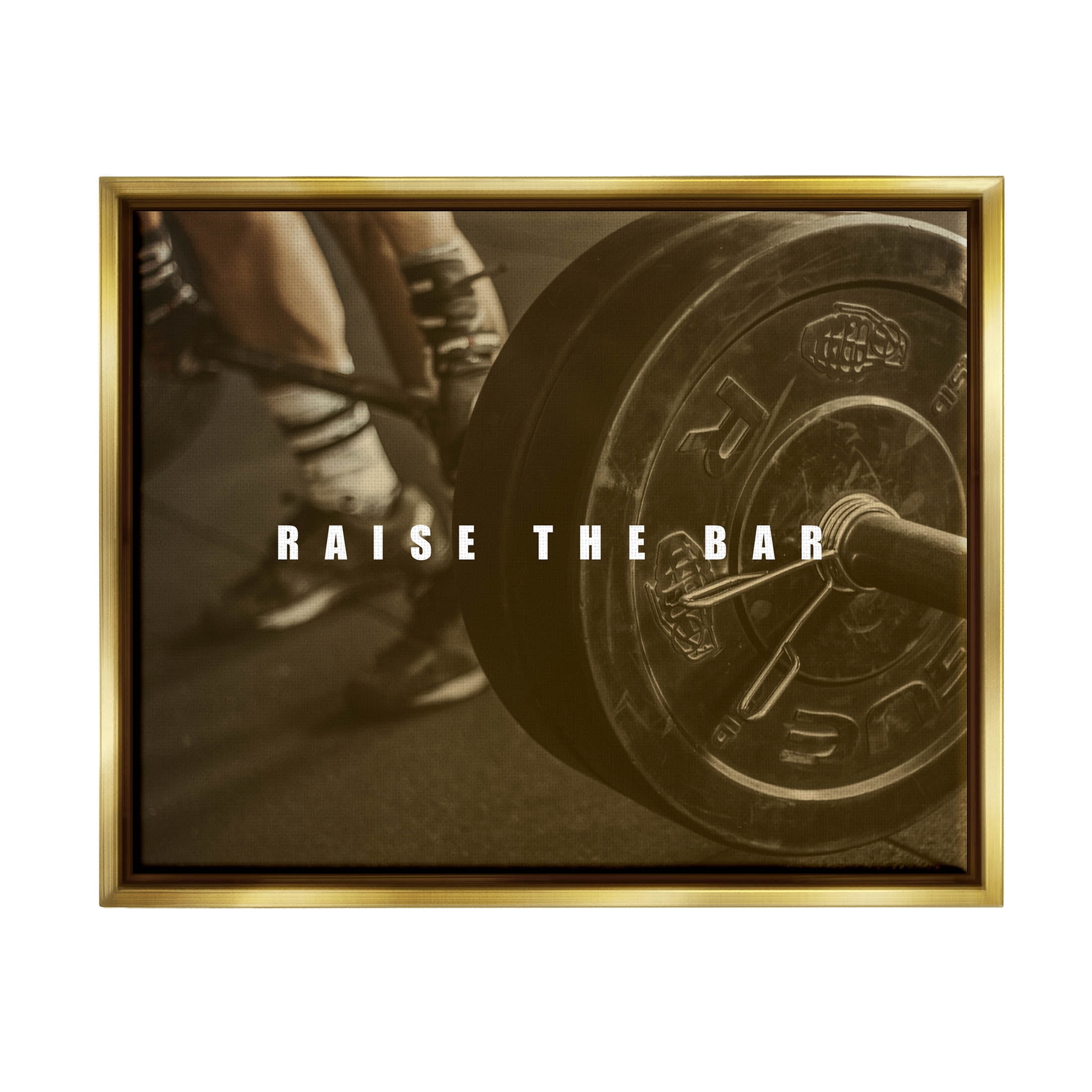 Stupell Industries Raise The Bar Motivational Bodybuilder Graphic Art Metallic Gold Floating Framed Canvas Print Wall Art, Design by Jacob Green