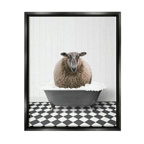 Stupell Industries Ram in Bathroom Tub Animals & Insects Painting Black Floater Framed Art Print Wall Art, 17 x 21